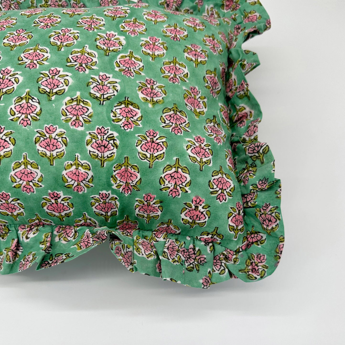 Hand block frilled cotton cushion - Amy