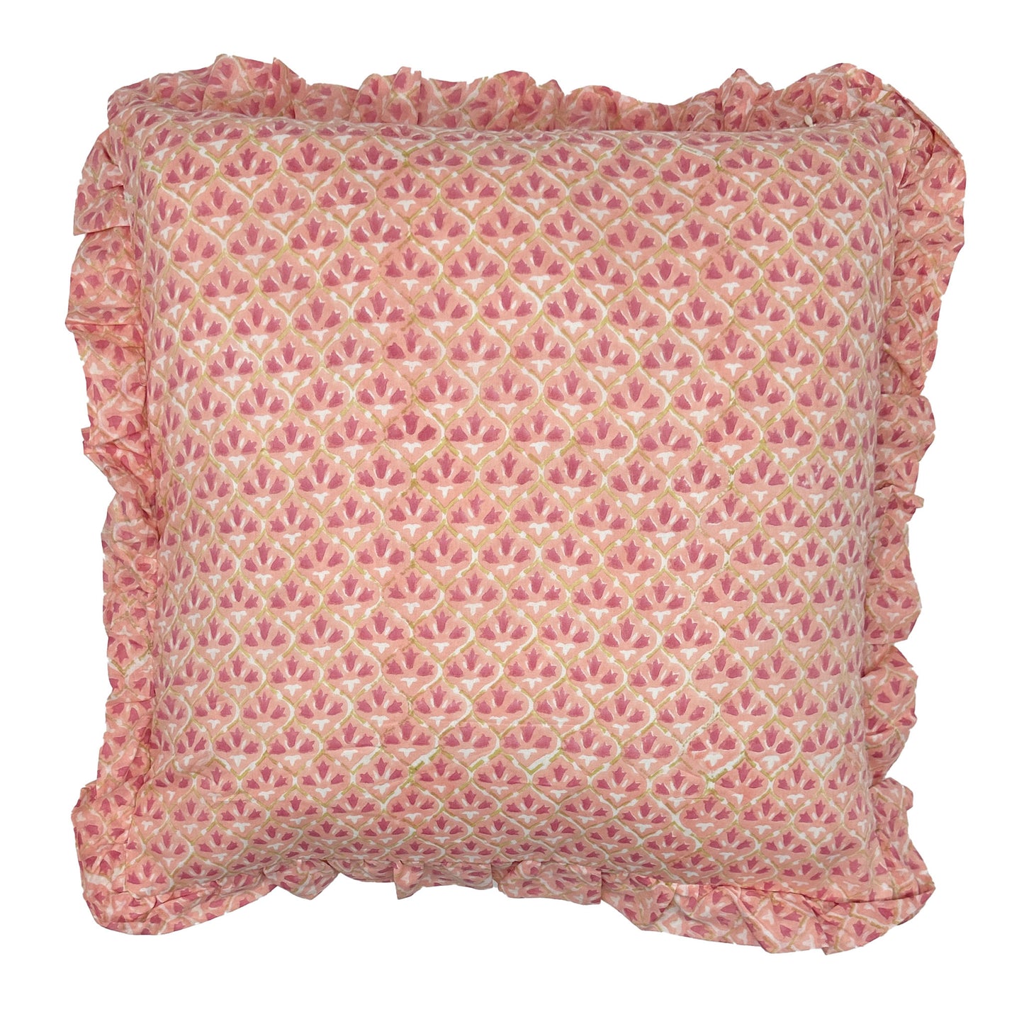 Large hand block frilled cotton cushion - Annie