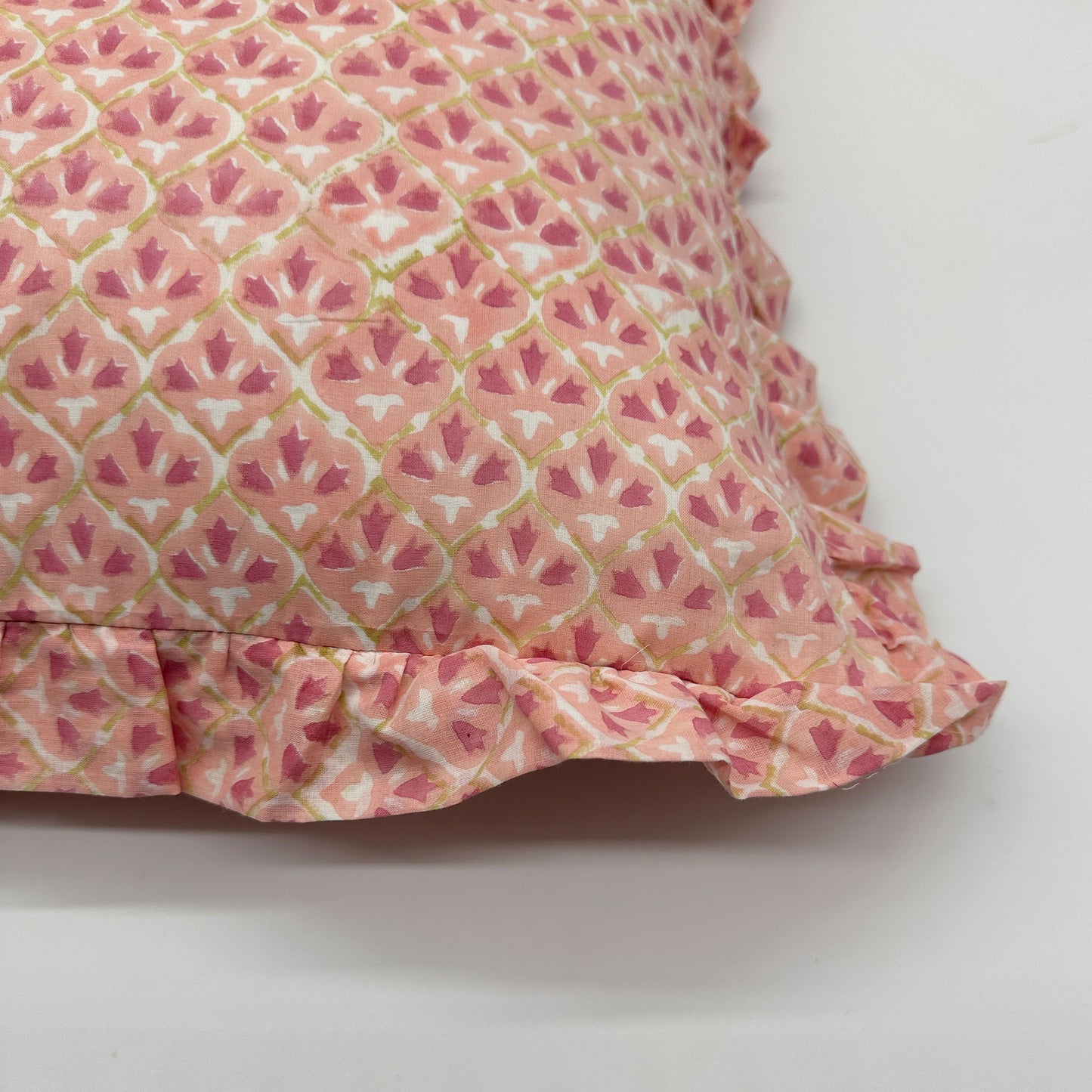Large hand block frilled cotton cushion - Annie