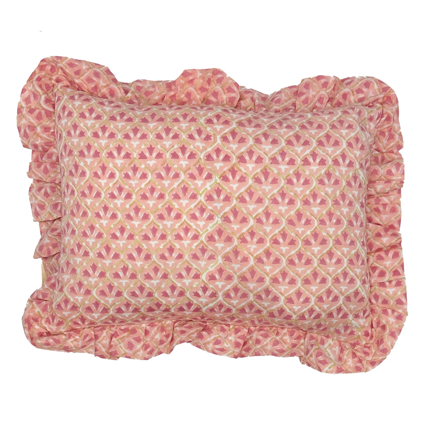 Hand block frilled cotton cushion - Annie