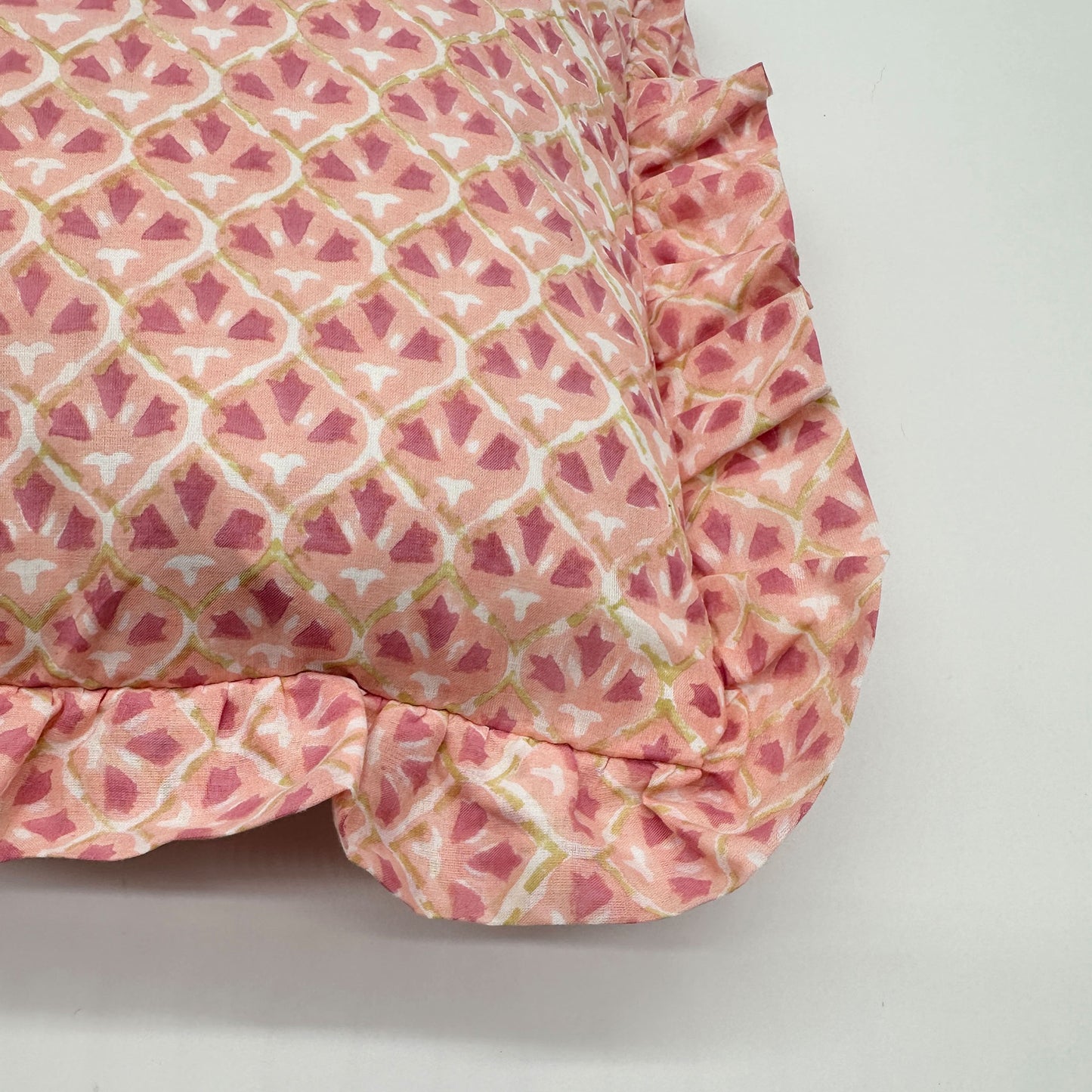 Hand block frilled cotton cushion - Annie