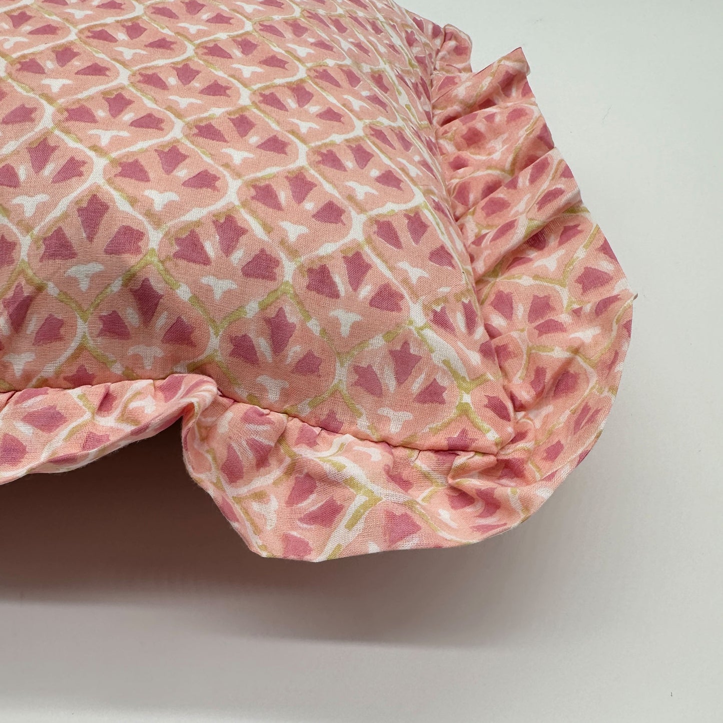 Hand block frilled cotton cushion - Annie