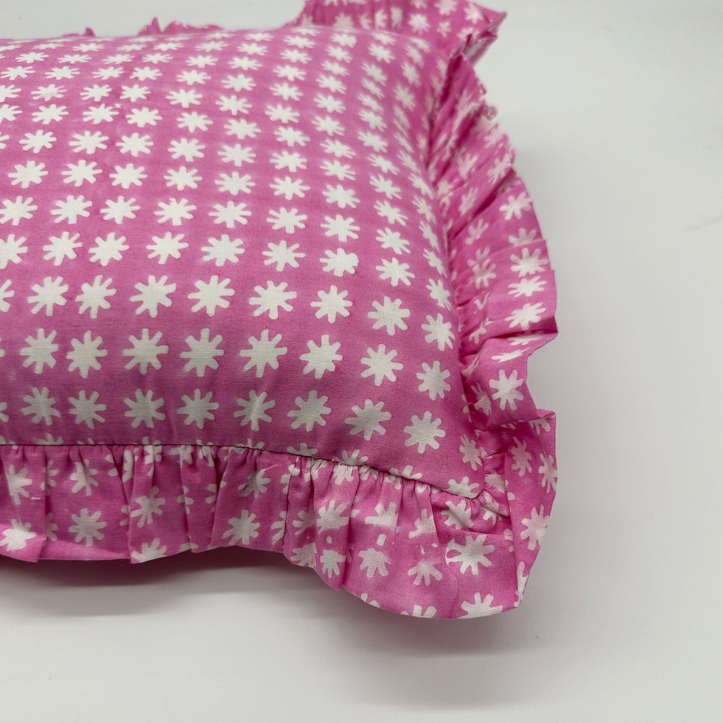 Hand block frilled cotton cushion - Charlie in Pink