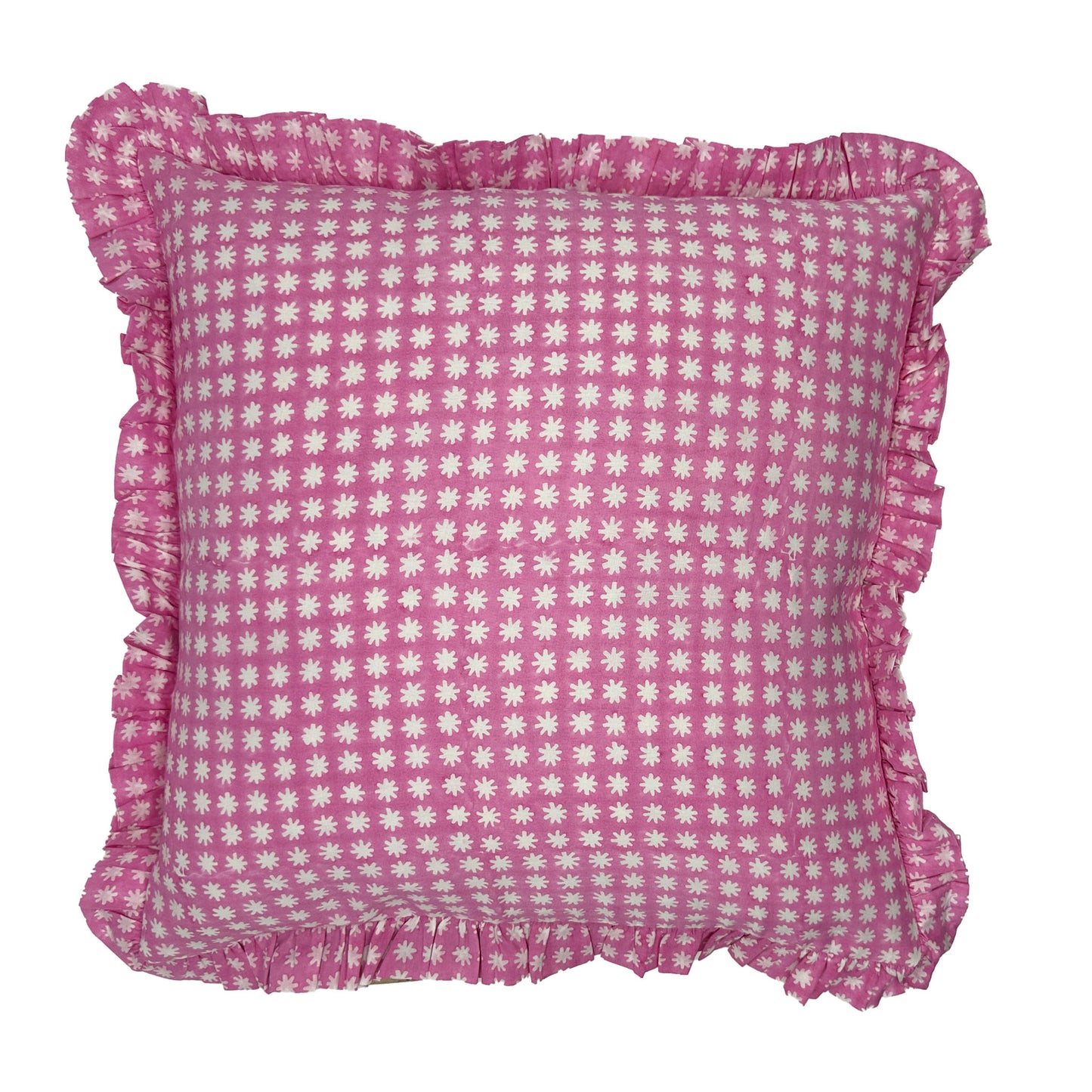 Large hand block frilled cotton cushion - Charlie in Pink