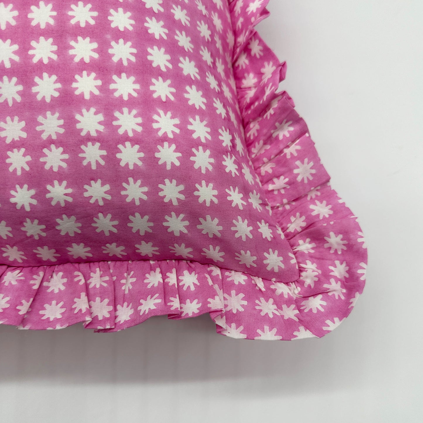 Large hand block frilled cotton cushion - Charlie in Pink