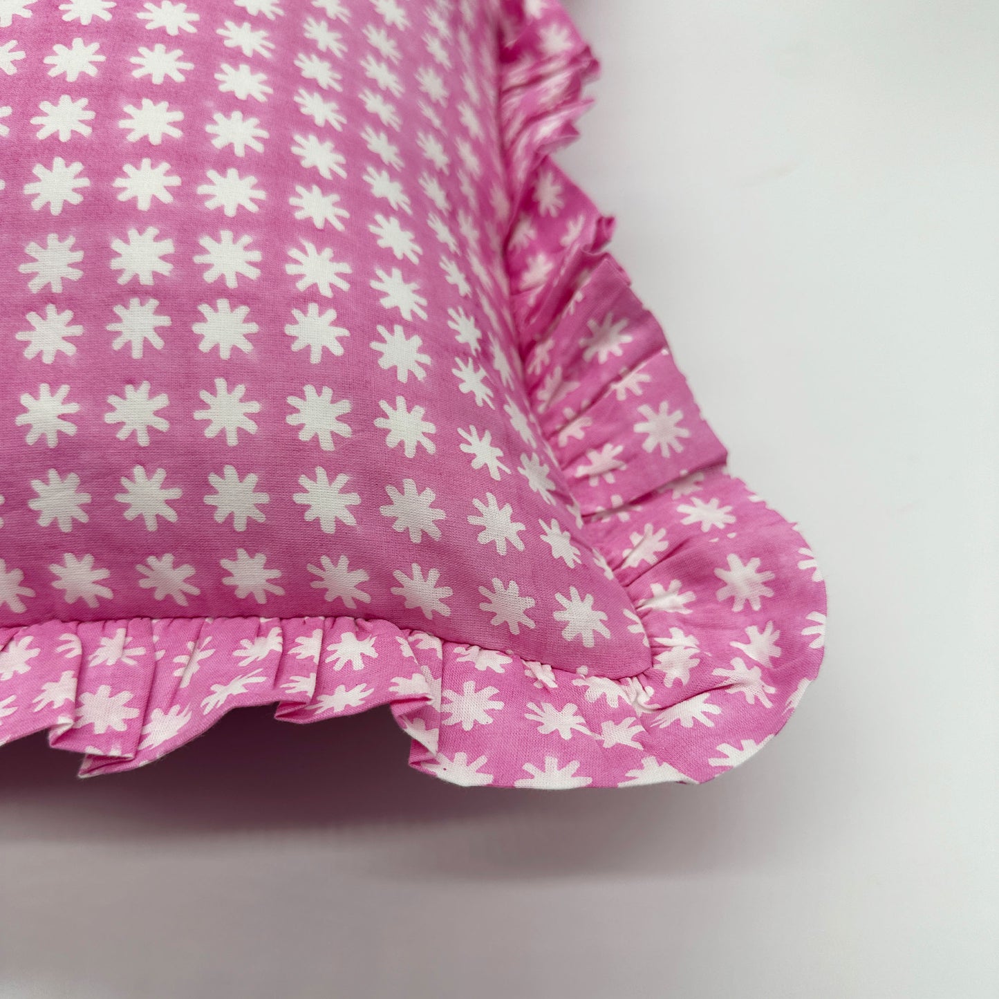 Large hand block frilled cotton cushion - Charlie in Pink