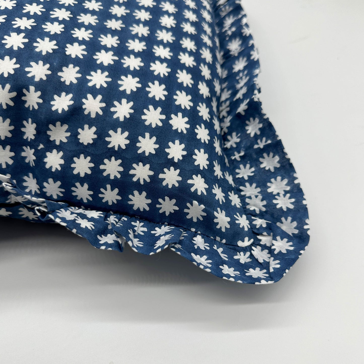 Large hand block frilled cotton cushion - Charlie in Blue