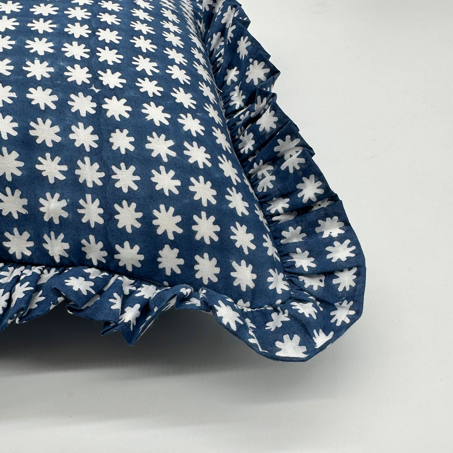 Hand block frilled cotton cushion - Charlie in Navy Blue