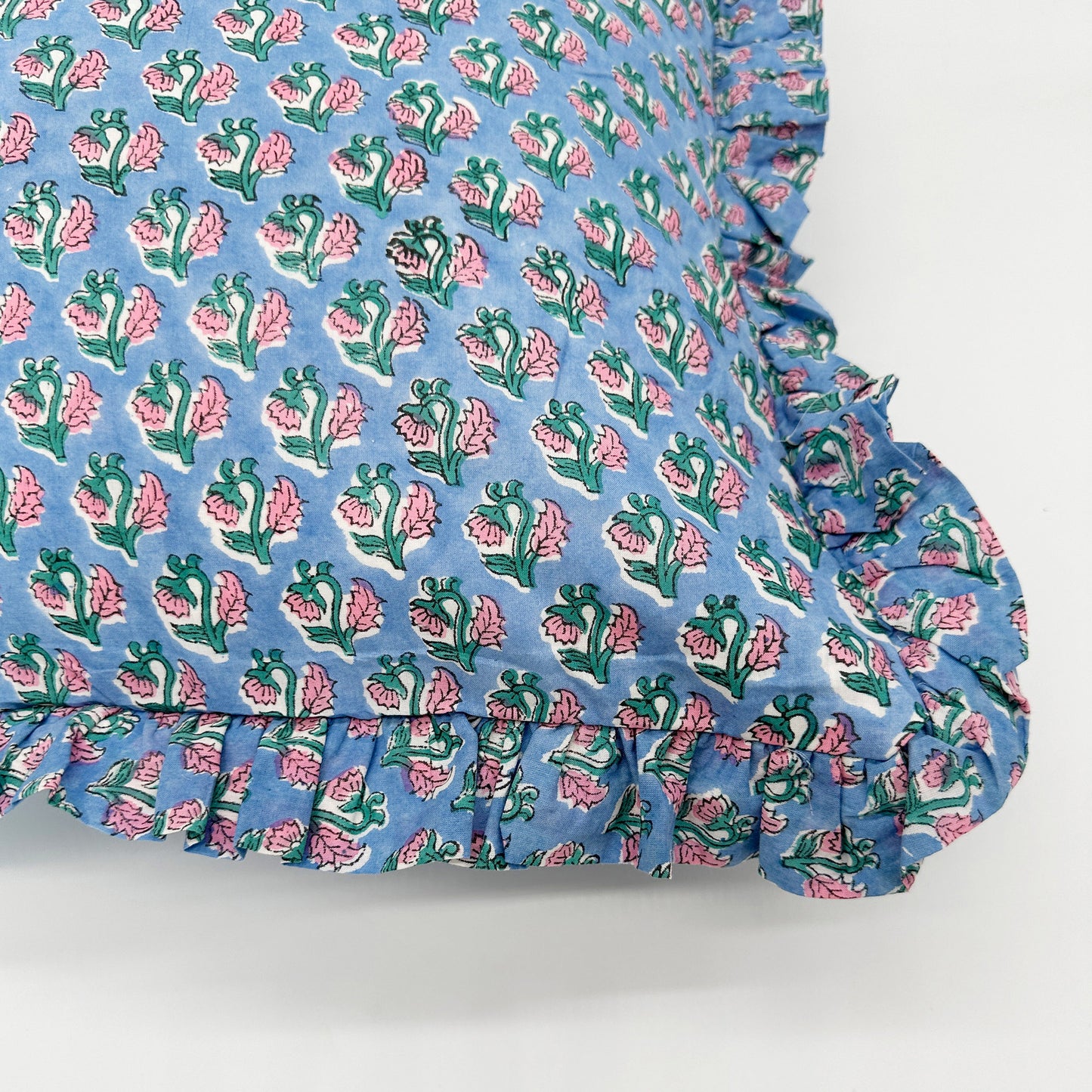 Large hand block frilled cotton cushion - Chloe