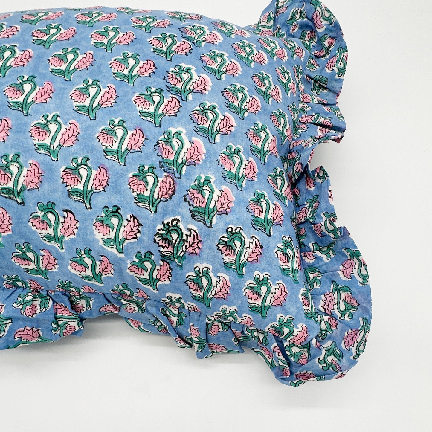 Hand block frilled cotton cushion - Chloe