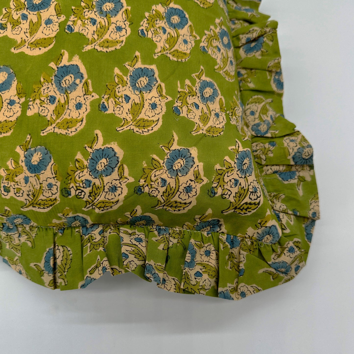 Large hand block frilled cotton cushion - Claudia