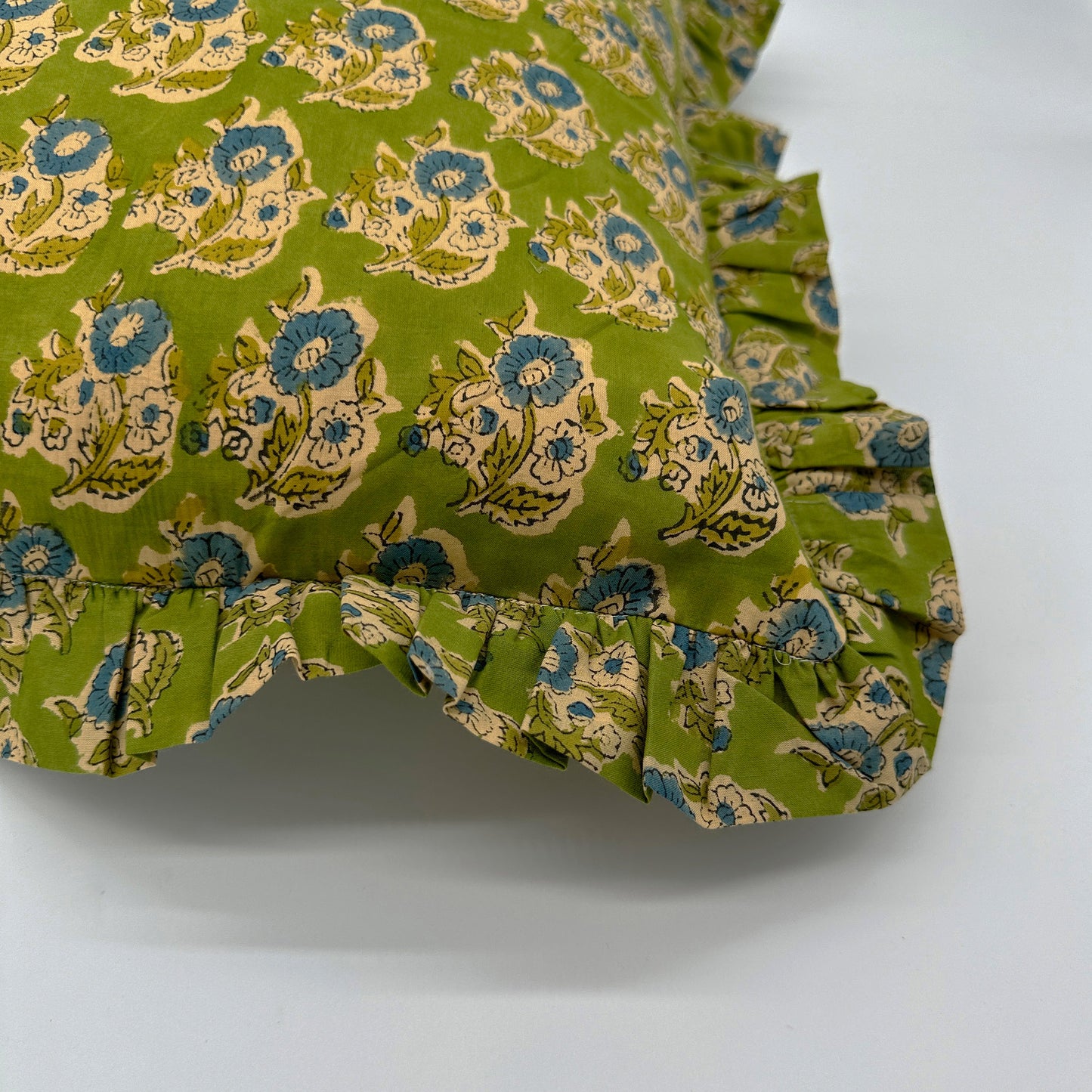 Large hand block frilled cotton cushion - Claudia