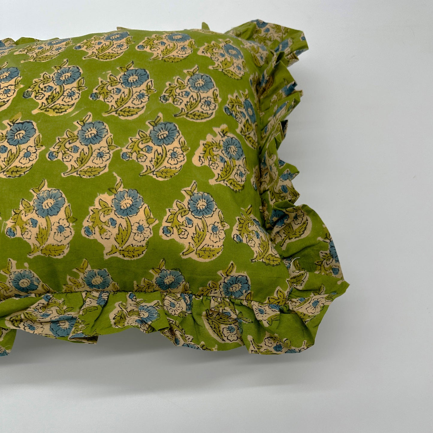 Hand block frilled cotton cushion - Claudia