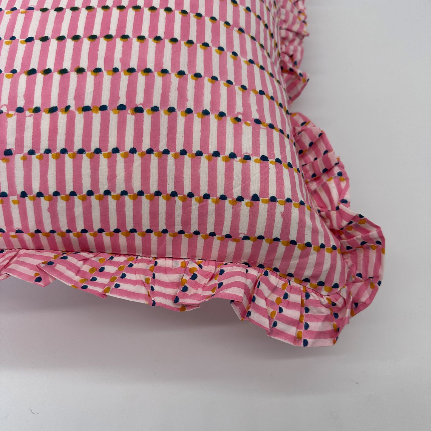 Large hand block frilled cotton cushion - Evie