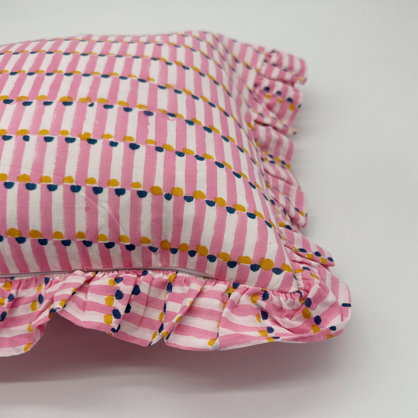 Hand block frilled cotton cushion - Evie