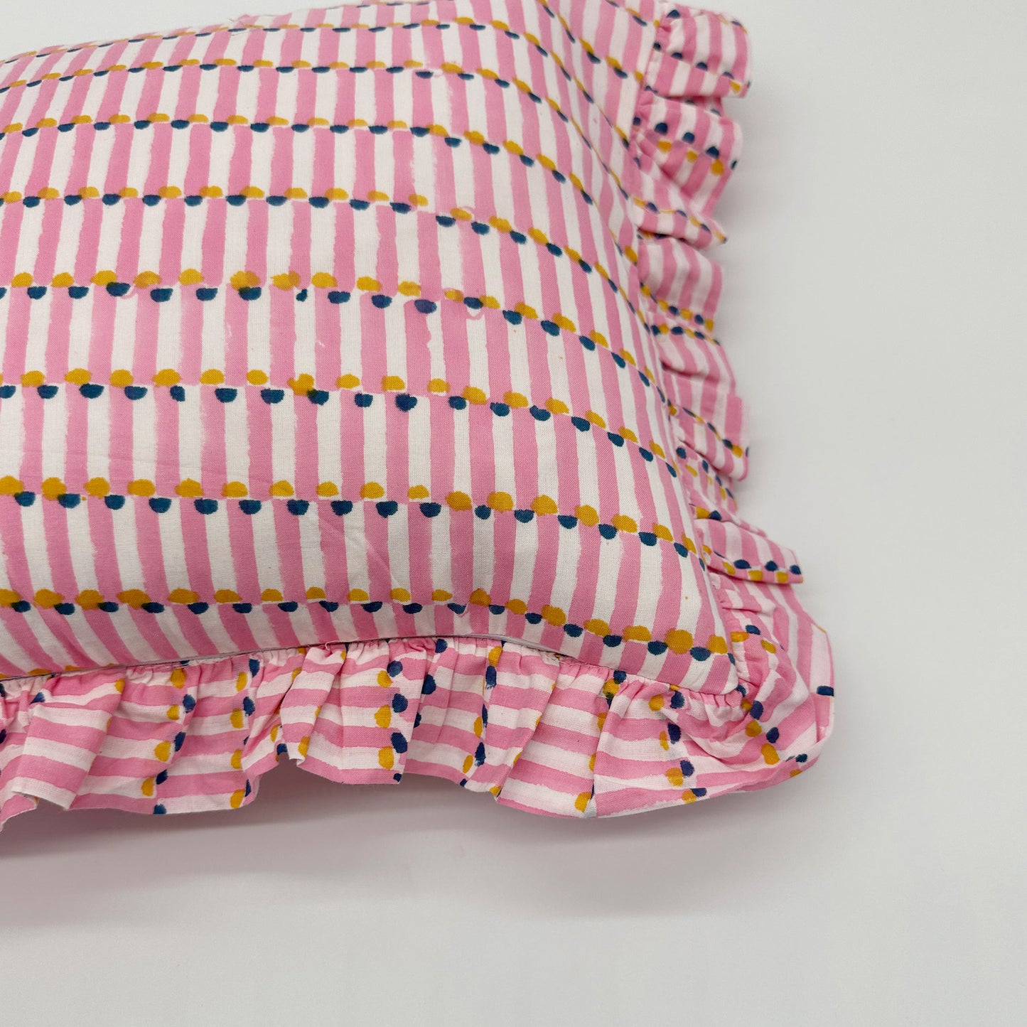 Hand block frilled cotton cushion - Evie