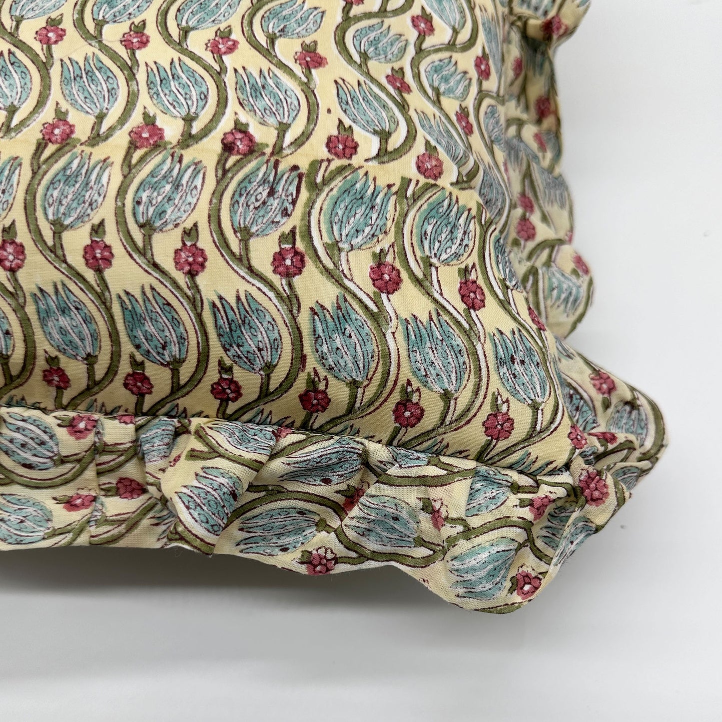 Hand block frilled cotton cushion - Florence