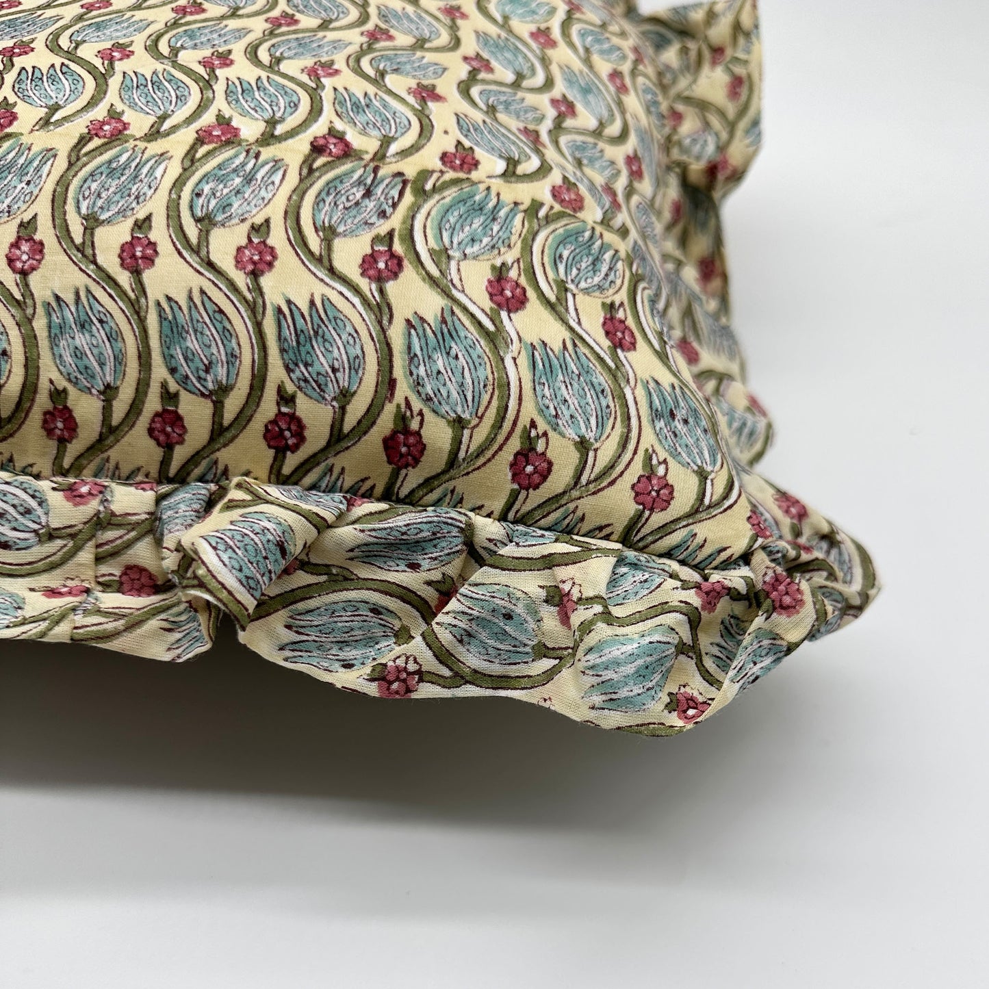Hand block frilled cotton cushion - Florence