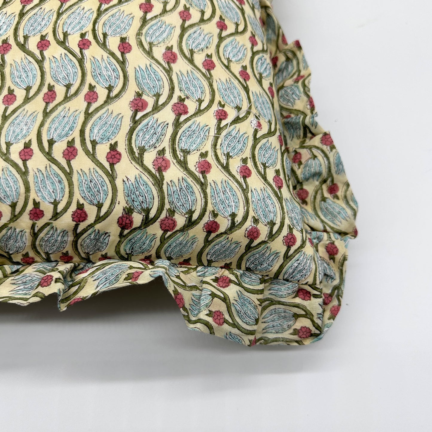 Large hand block frilled cotton cushion - Florence