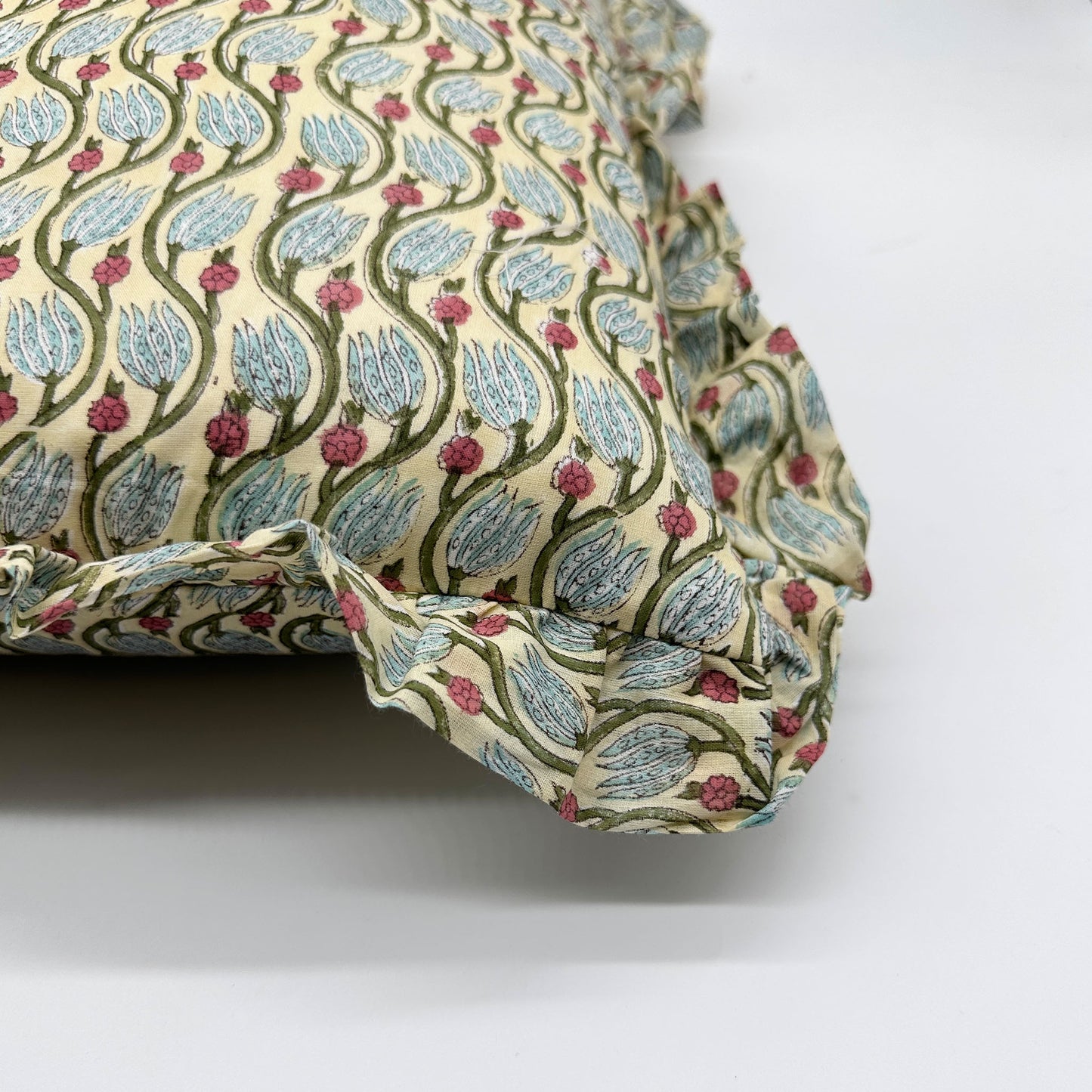 Large hand block frilled cotton cushion - Florence