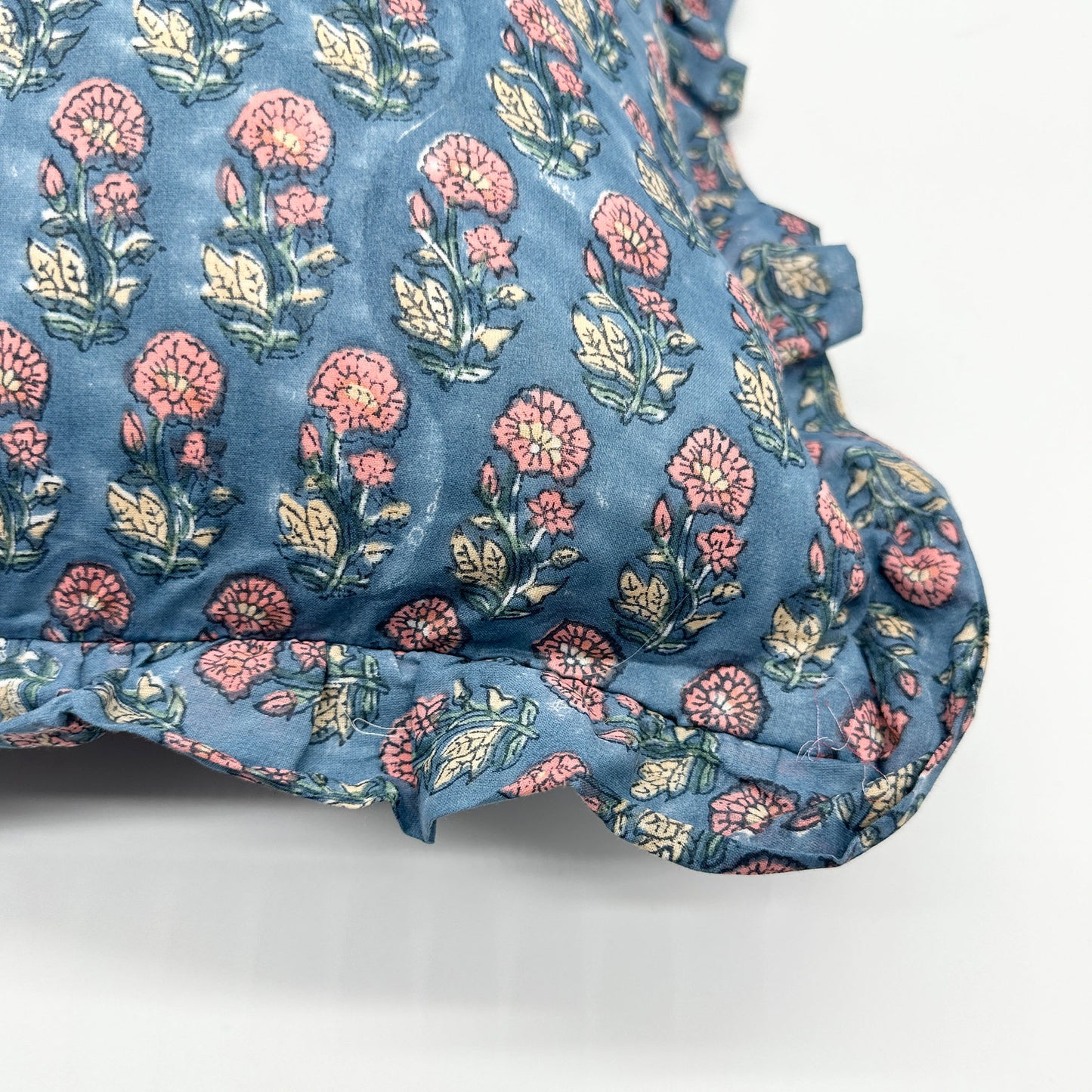 Large hand block frilled cotton cushion - Gloria