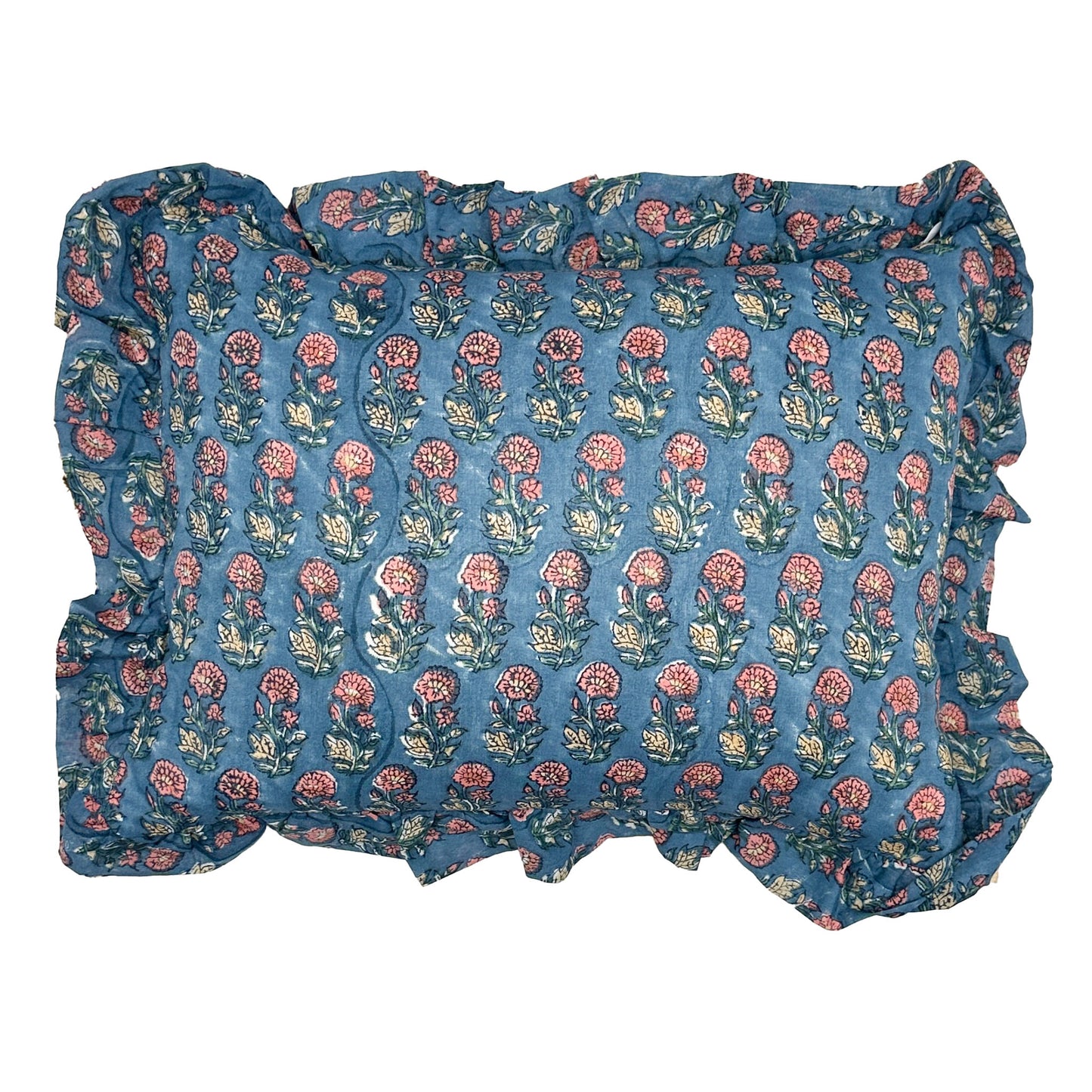 Hand block frilled cotton cushion - Gloria