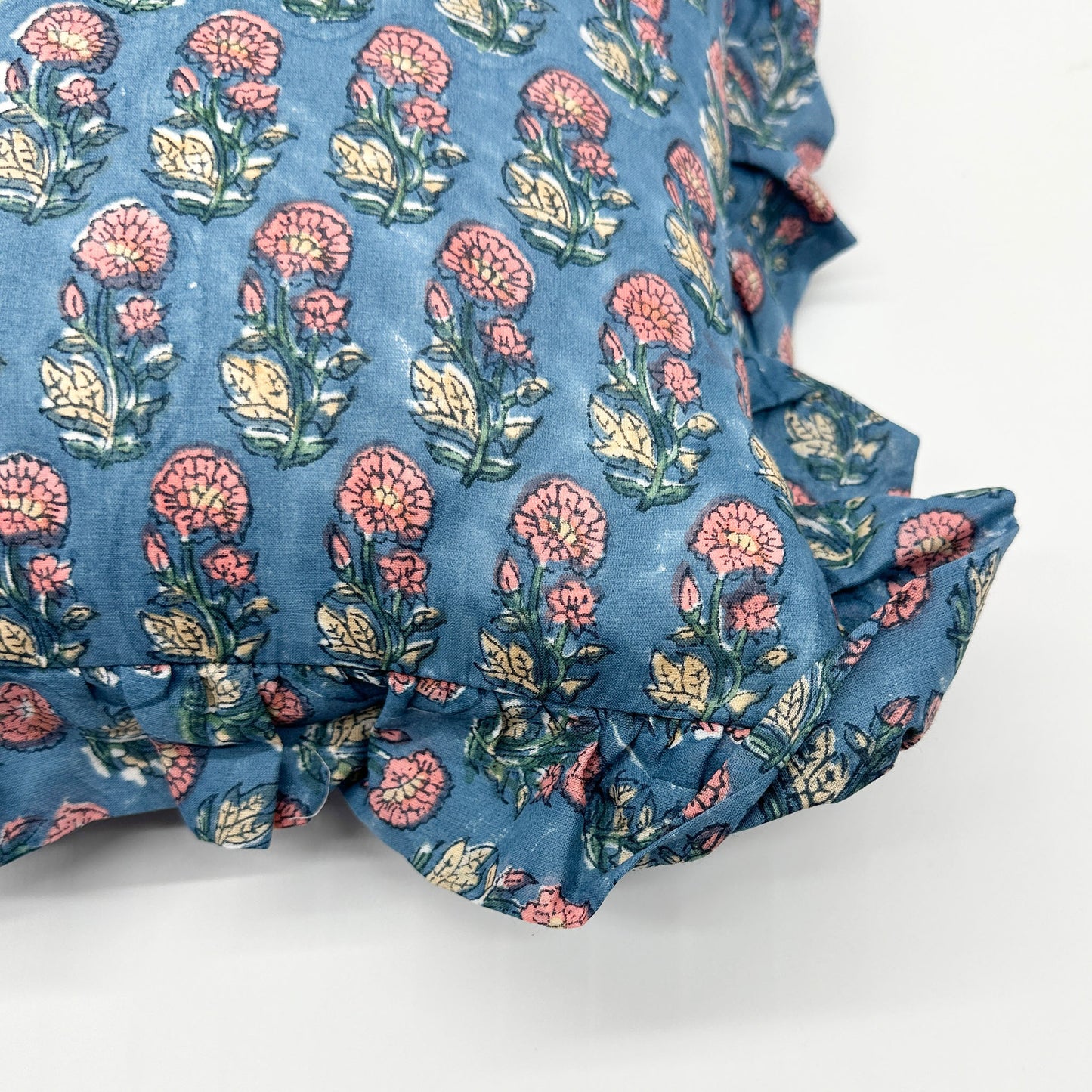 Hand block frilled cotton cushion - Gloria