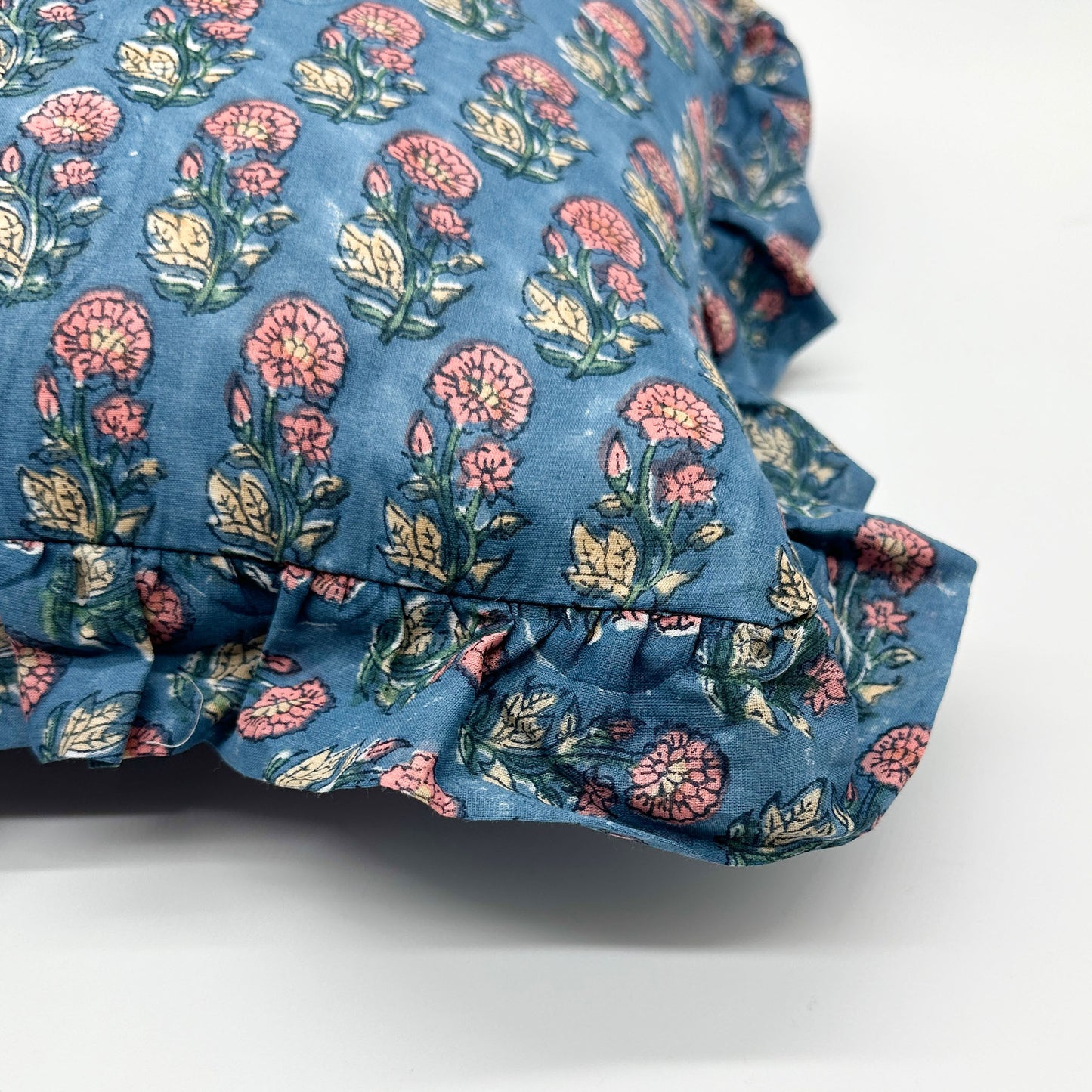 Hand block frilled cotton cushion - Gloria