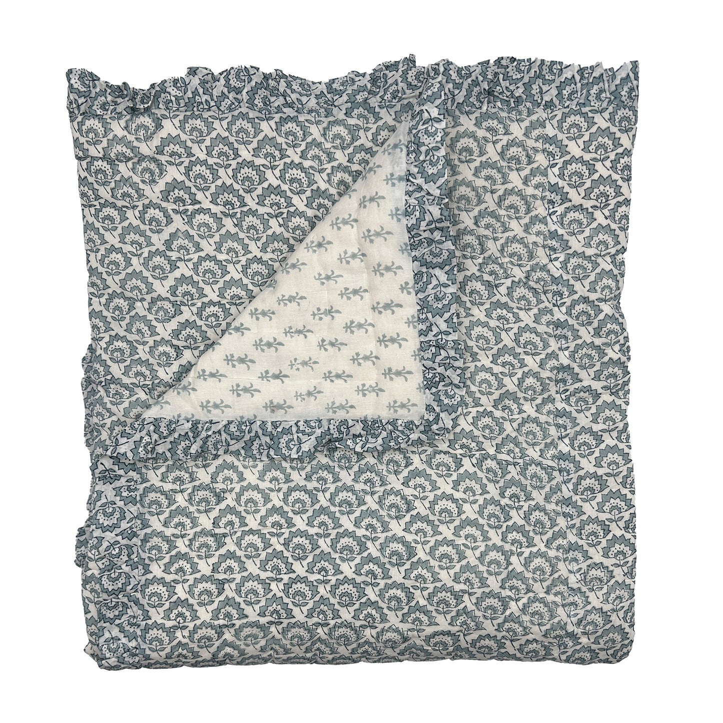 Jennie Handmade Block Print Cotton Quilt in Pale Blue