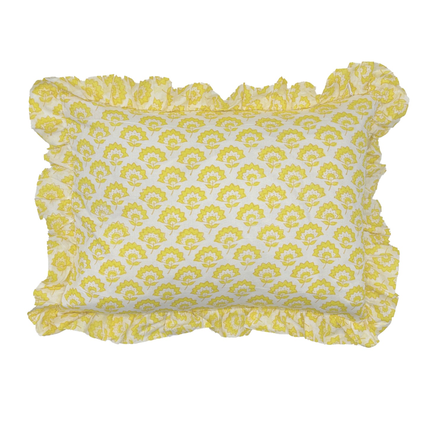 Hand block frilled cotton cushion - Jennie in Yellow