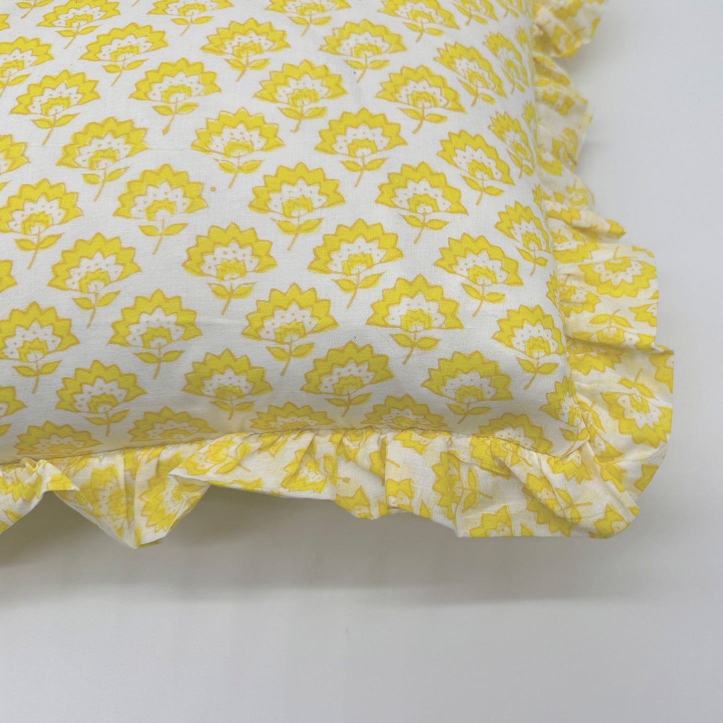 Hand block frilled cotton cushion - Jennie in Yellow