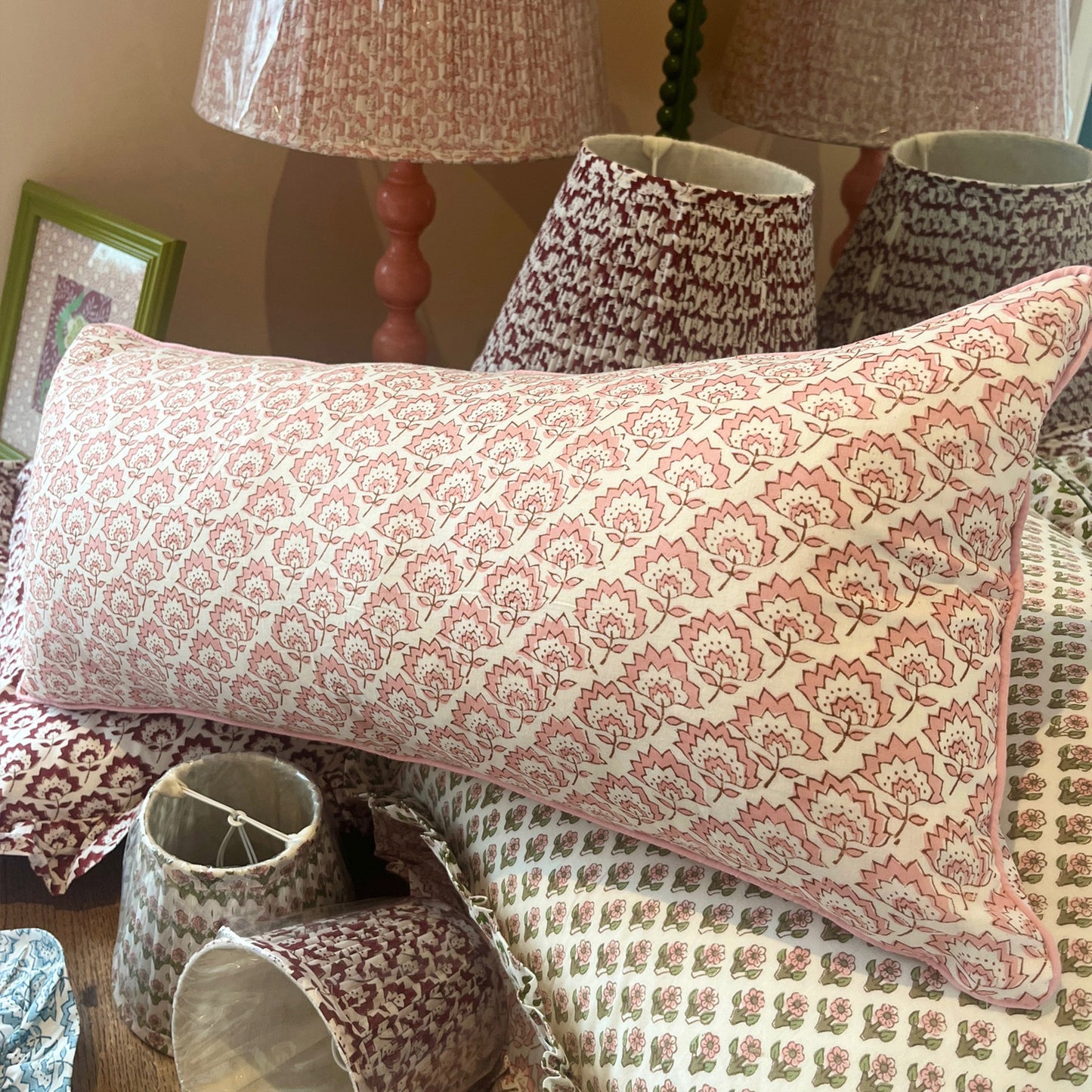 Lumbar hand block piped trim cushion - Jennie in Pale Pink