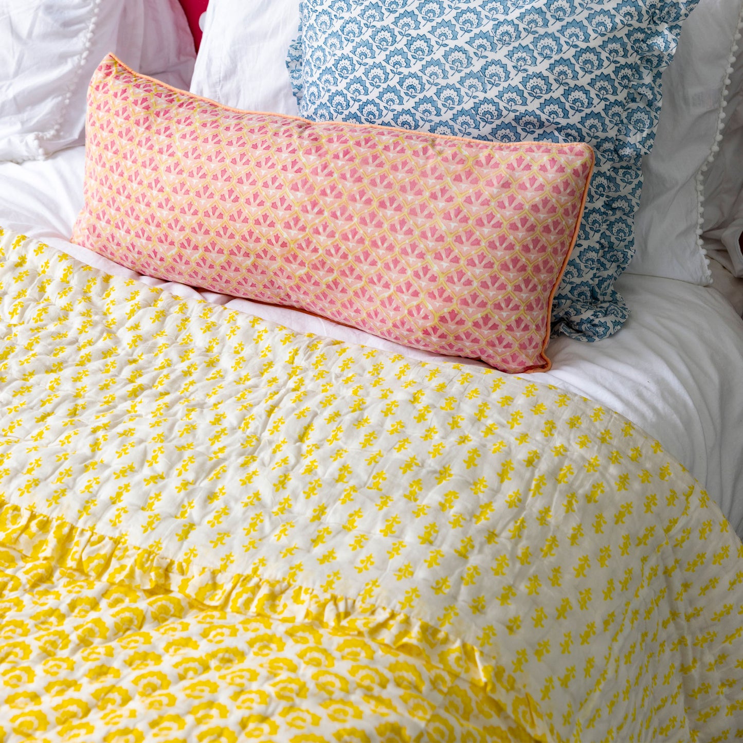 Jennie Handmade Block Print Cotton Quilt in Yellow