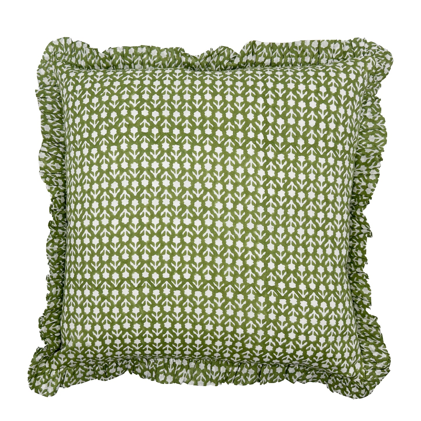 Large hand block frilled cotton cushion - Katie