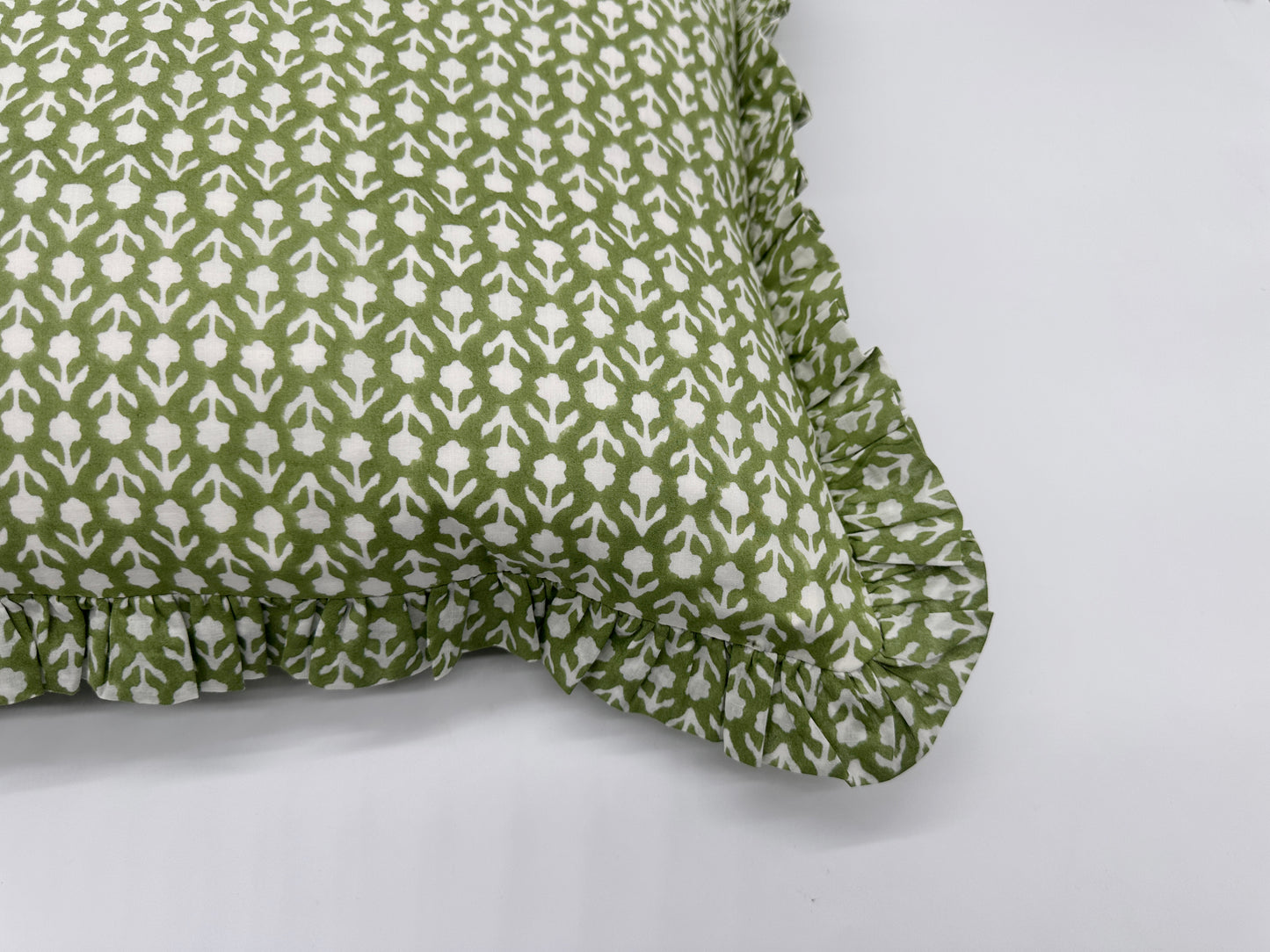 Large hand block frilled cotton cushion - Katie