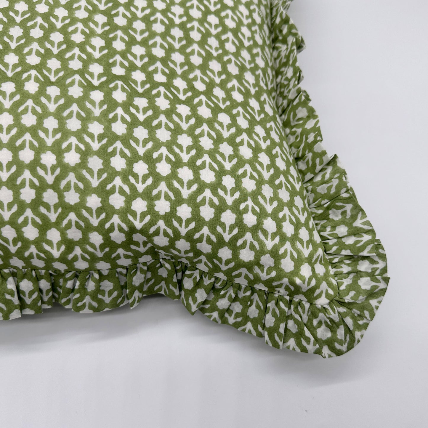 Large hand block frilled cotton cushion - Katie