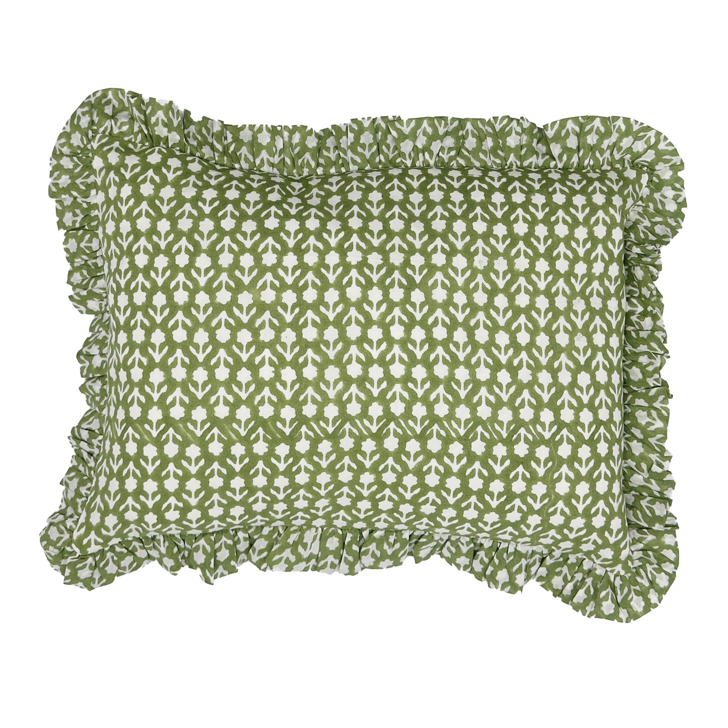 Hand block frilled cotton cushion - Katie