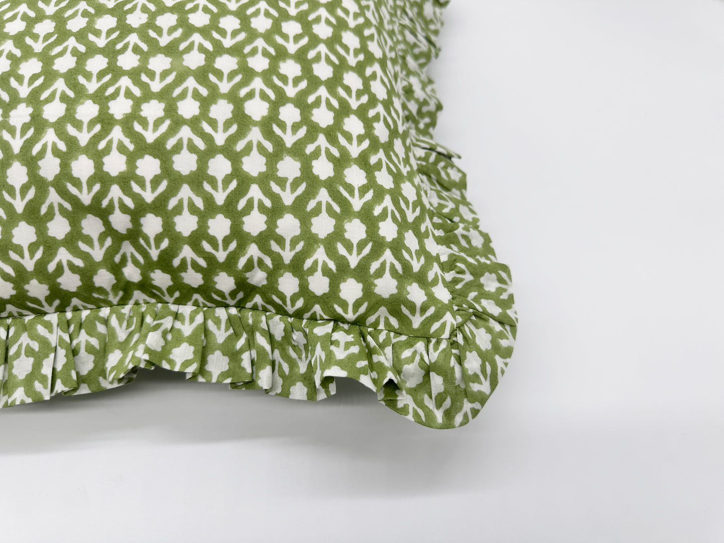 Hand block frilled cotton cushion - Katie