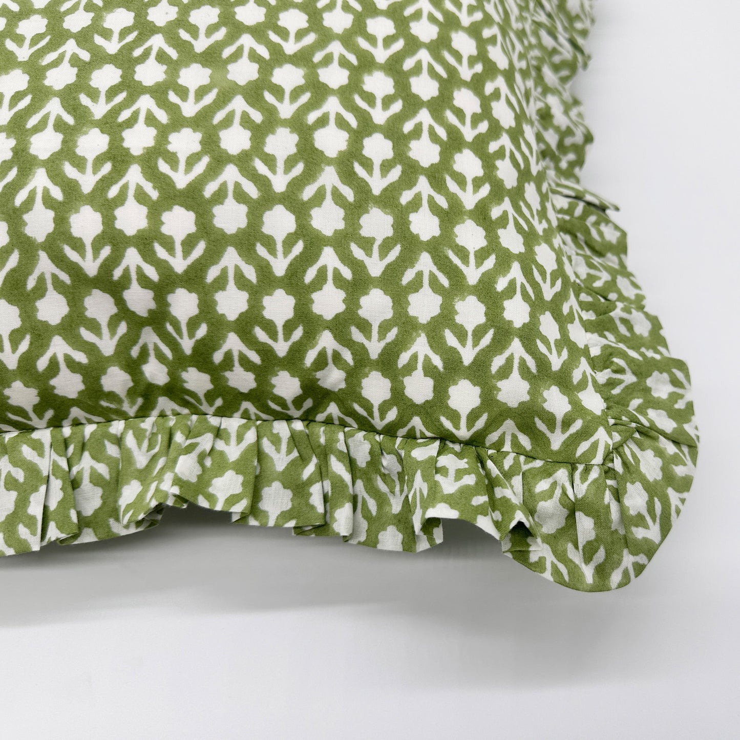 Hand block frilled cotton cushion - Katie