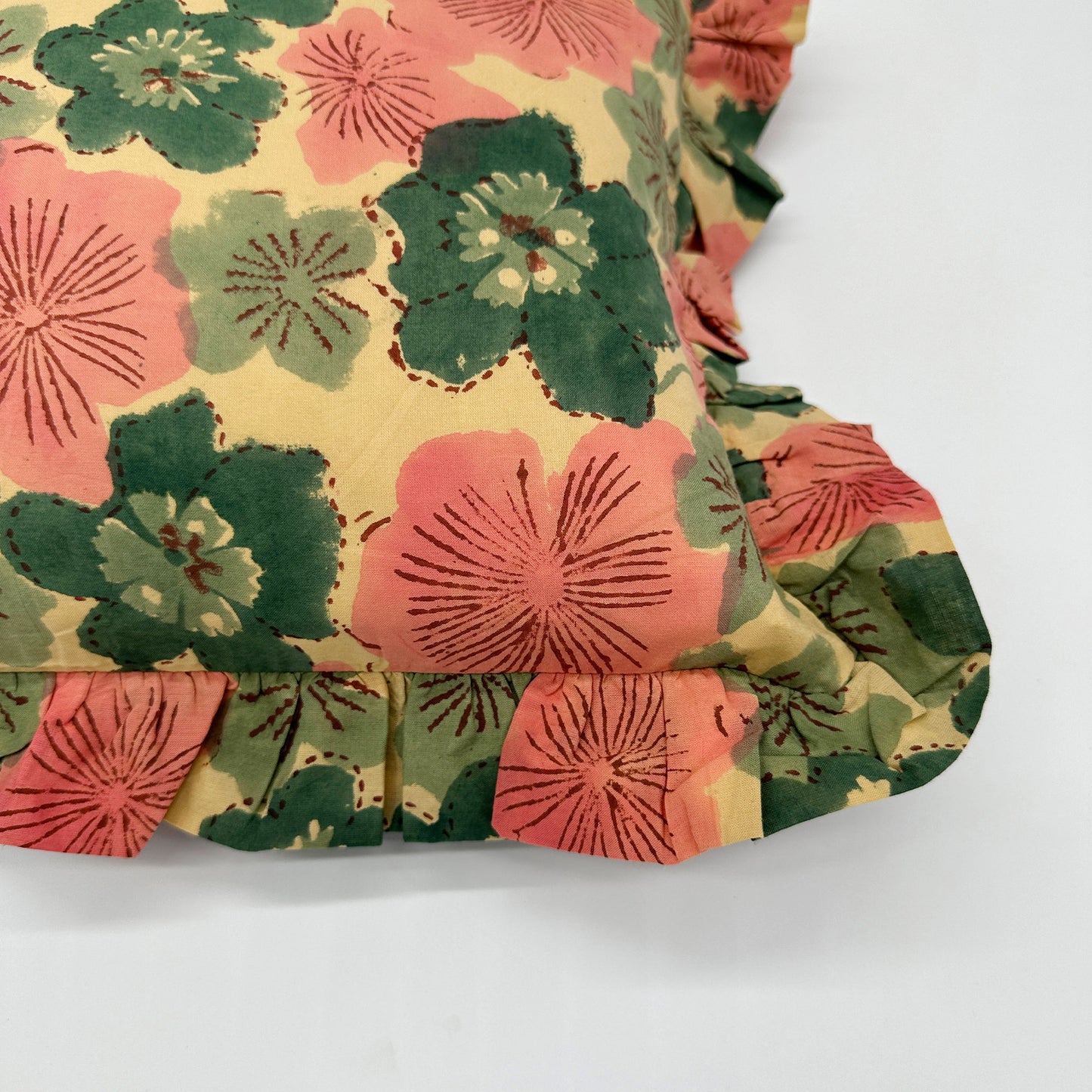 Hand block frilled cotton cushion - Margot
