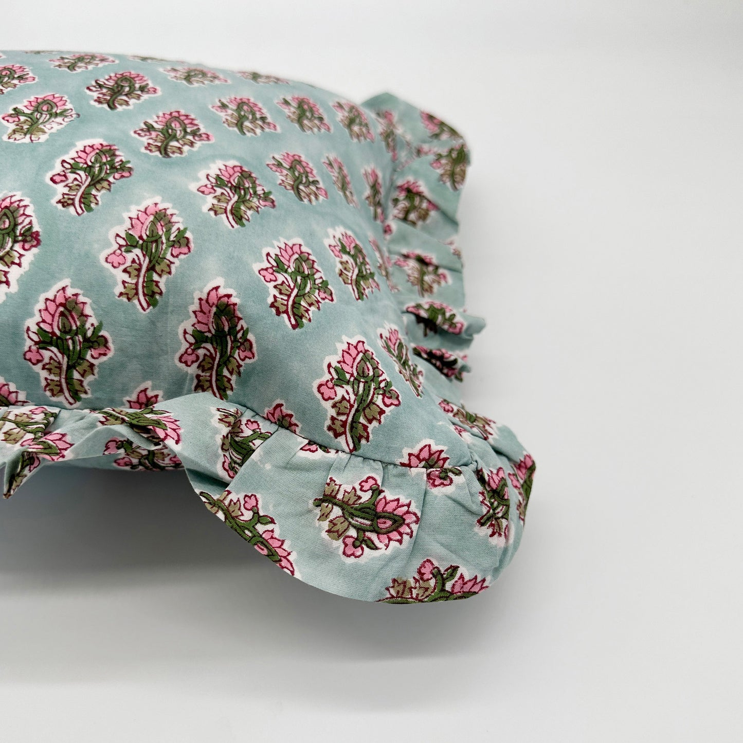 Hand block frilled cotton cushion - Milly