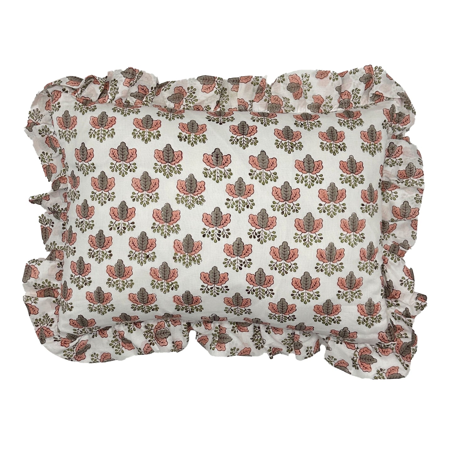 Hand block frilled cotton cushion - Mimi