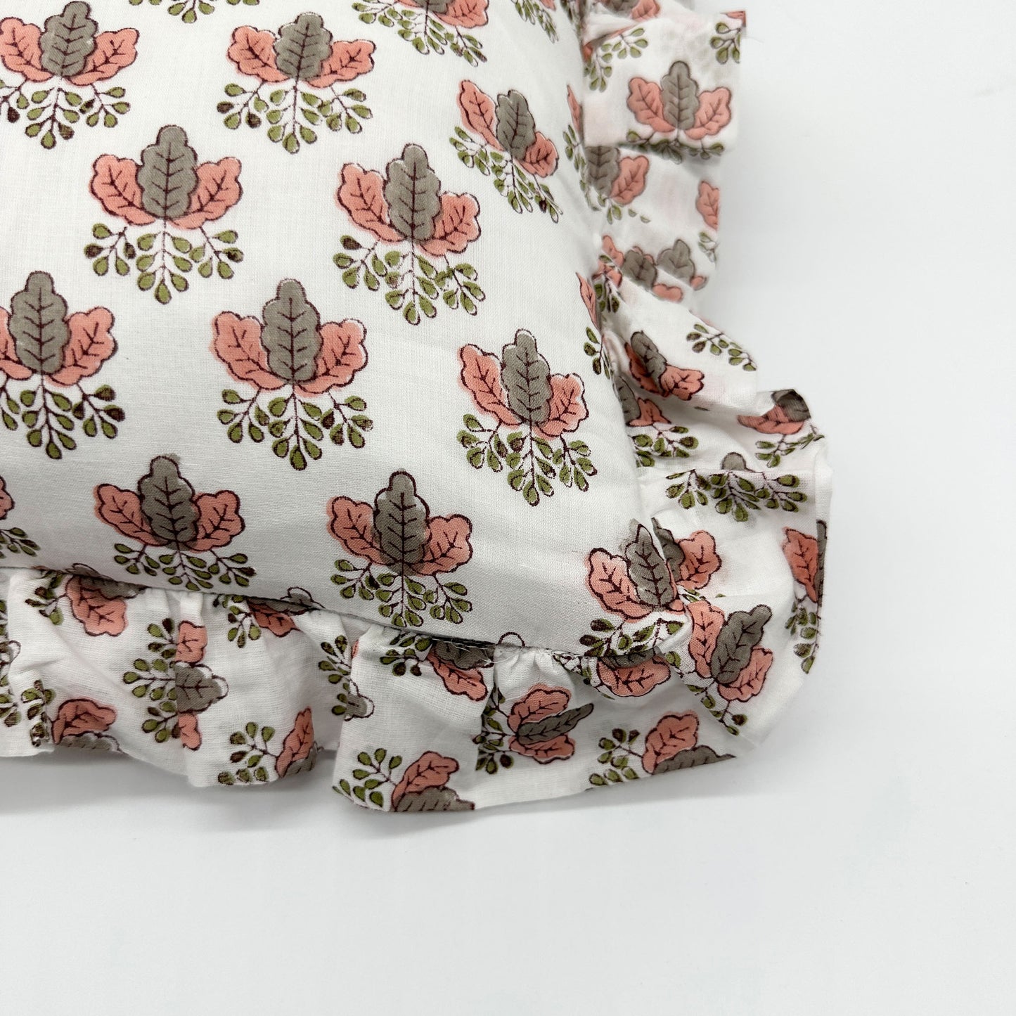 Hand block frilled cotton cushion - Mimi