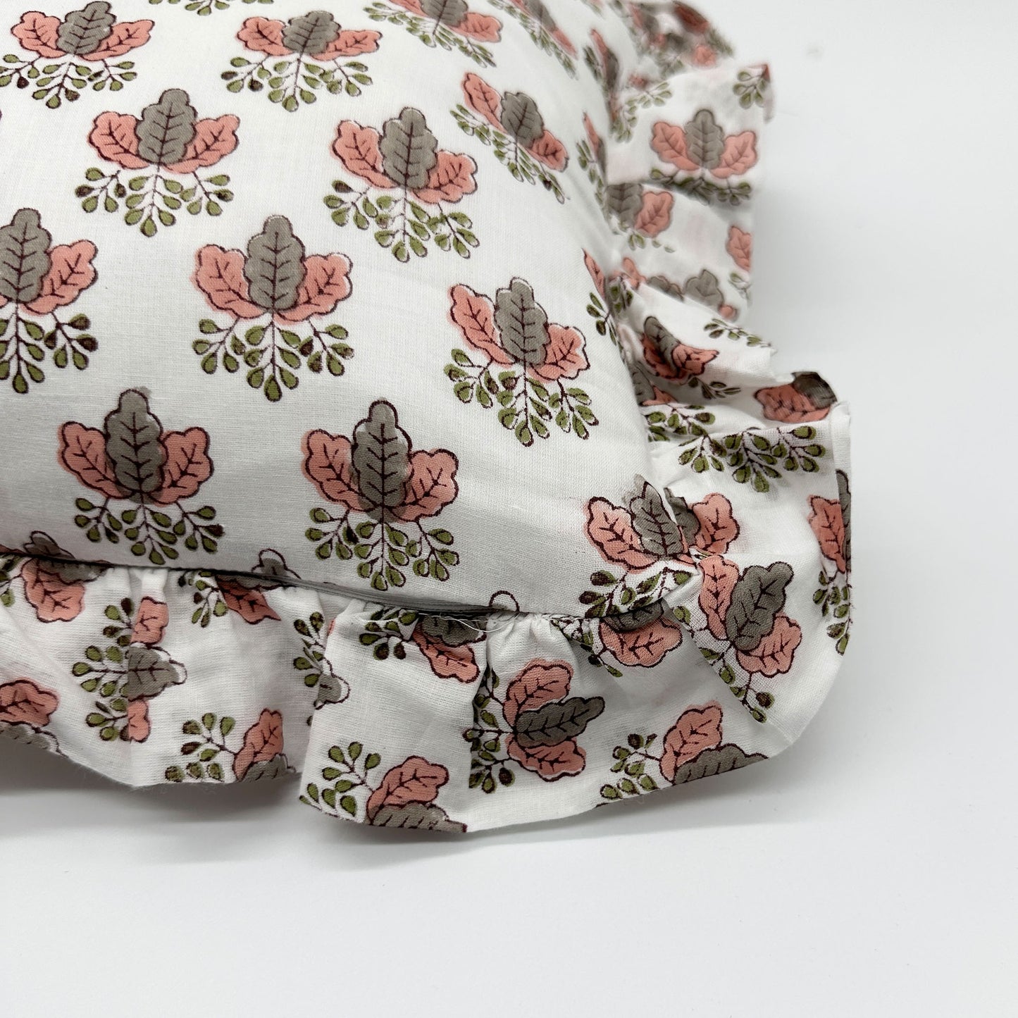 Hand block frilled cotton cushion - Mimi