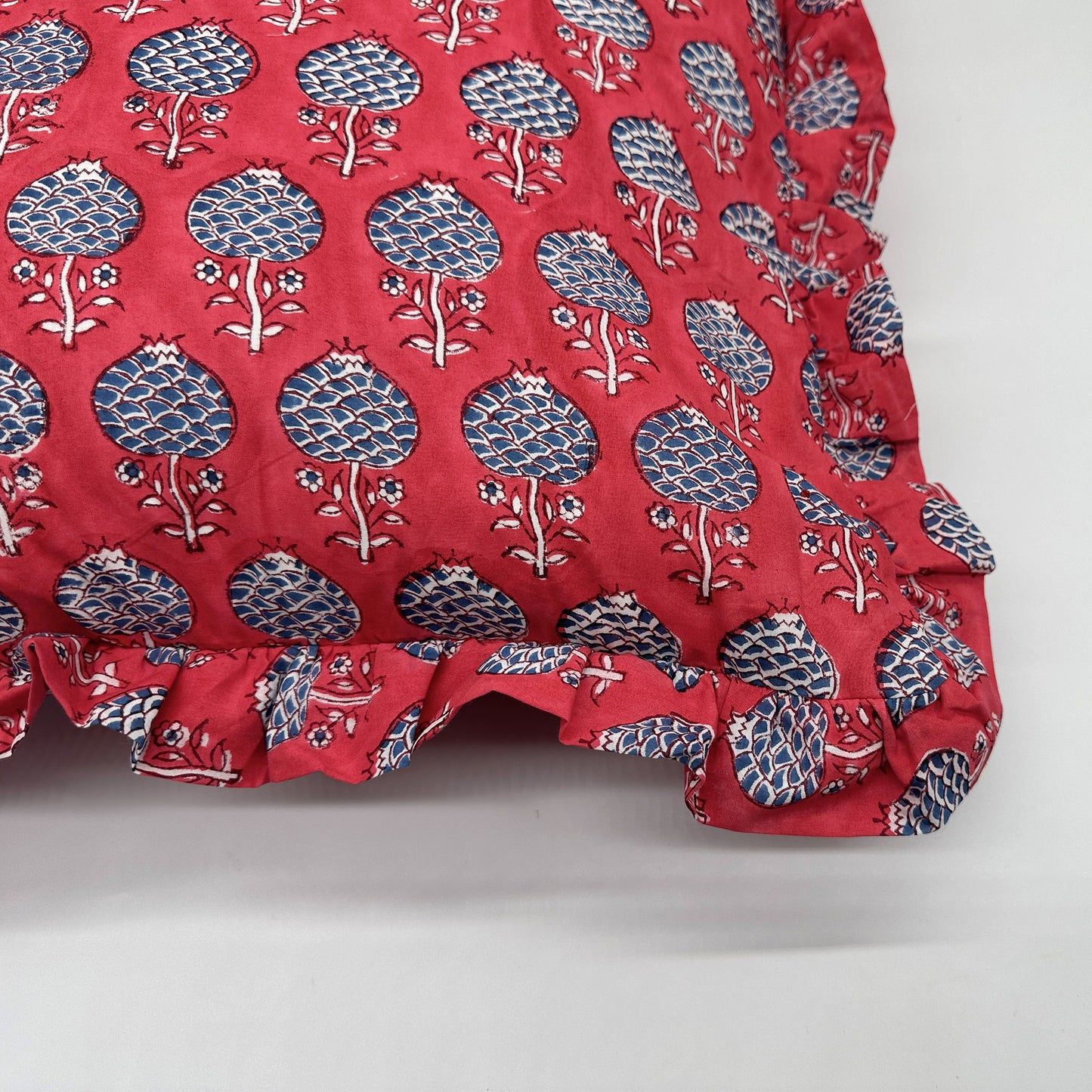 Large hand block frilled cotton cushion - Nancy in Red