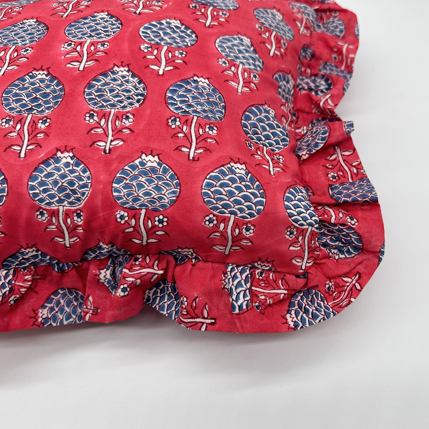 Hand block frilled cotton cushion - Nancy in Red