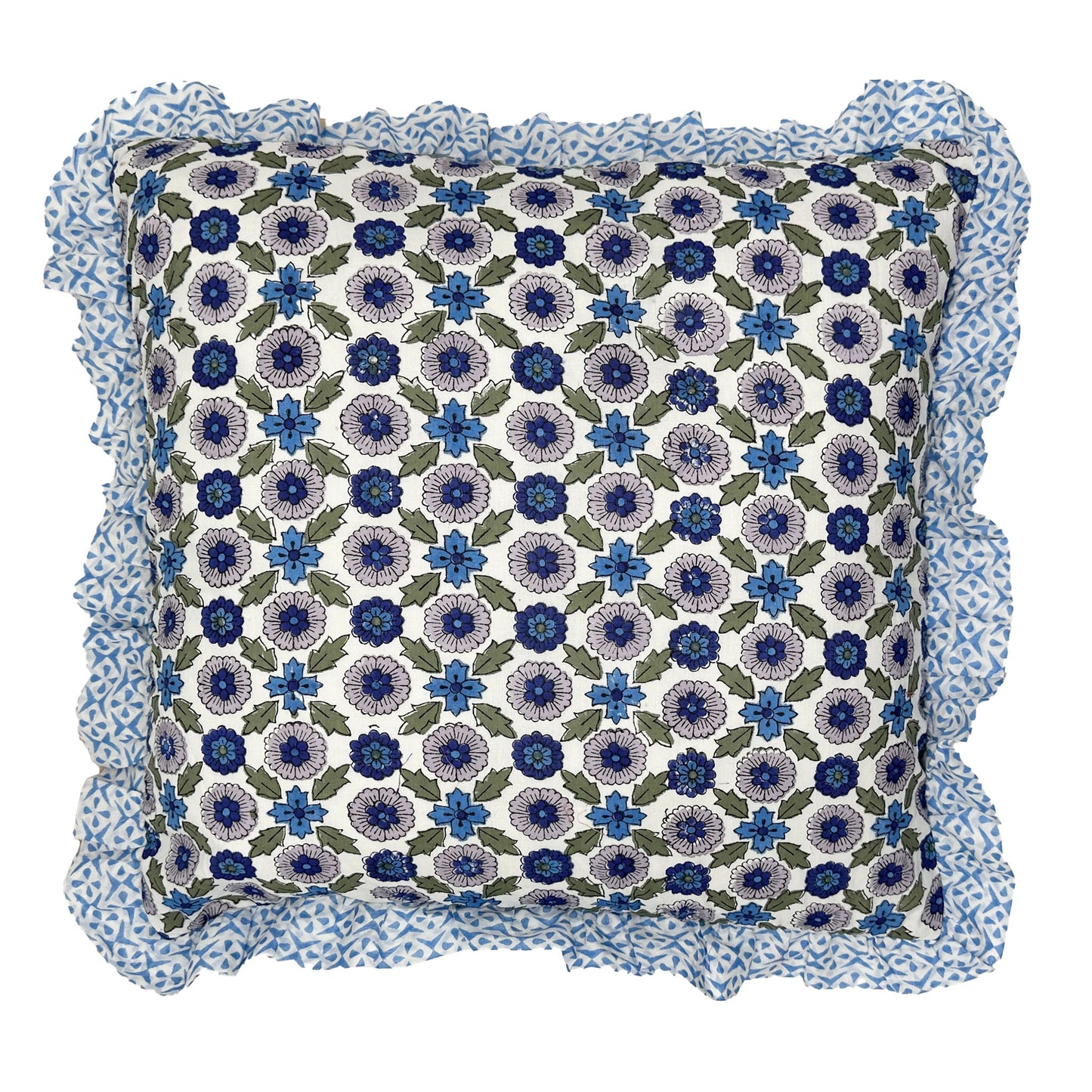 Large hand block frilled cotton cushion - Poppy in Blue
