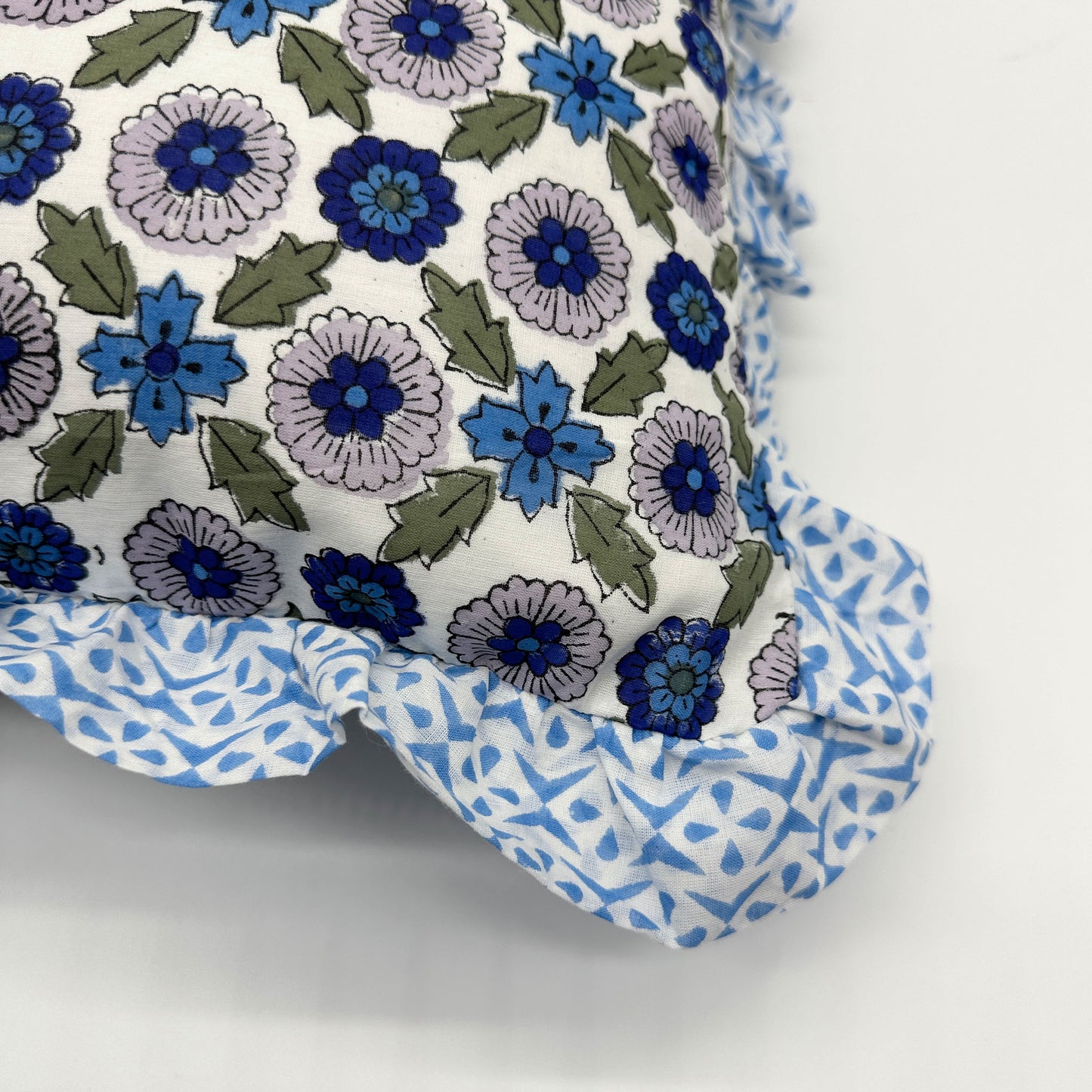 Large hand block frilled cotton cushion - Poppy in Blue