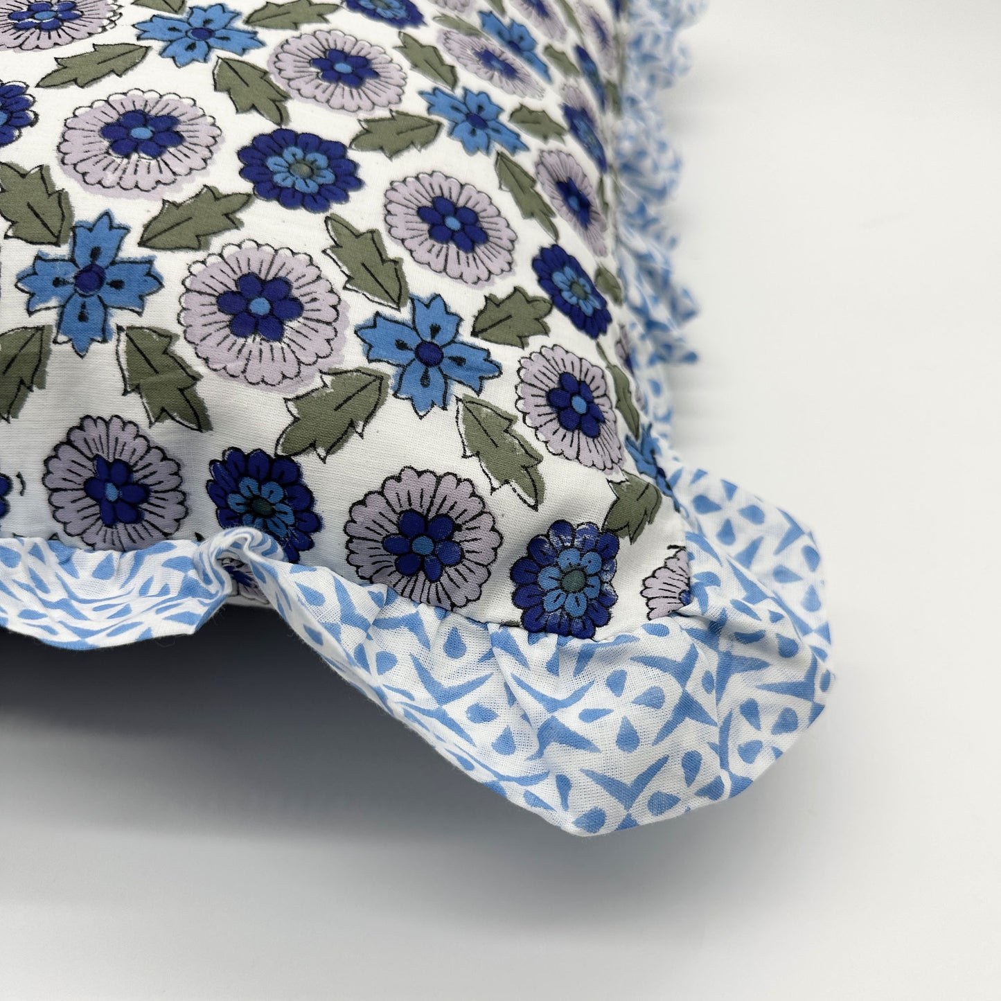 Large hand block frilled cotton cushion - Poppy in Blue
