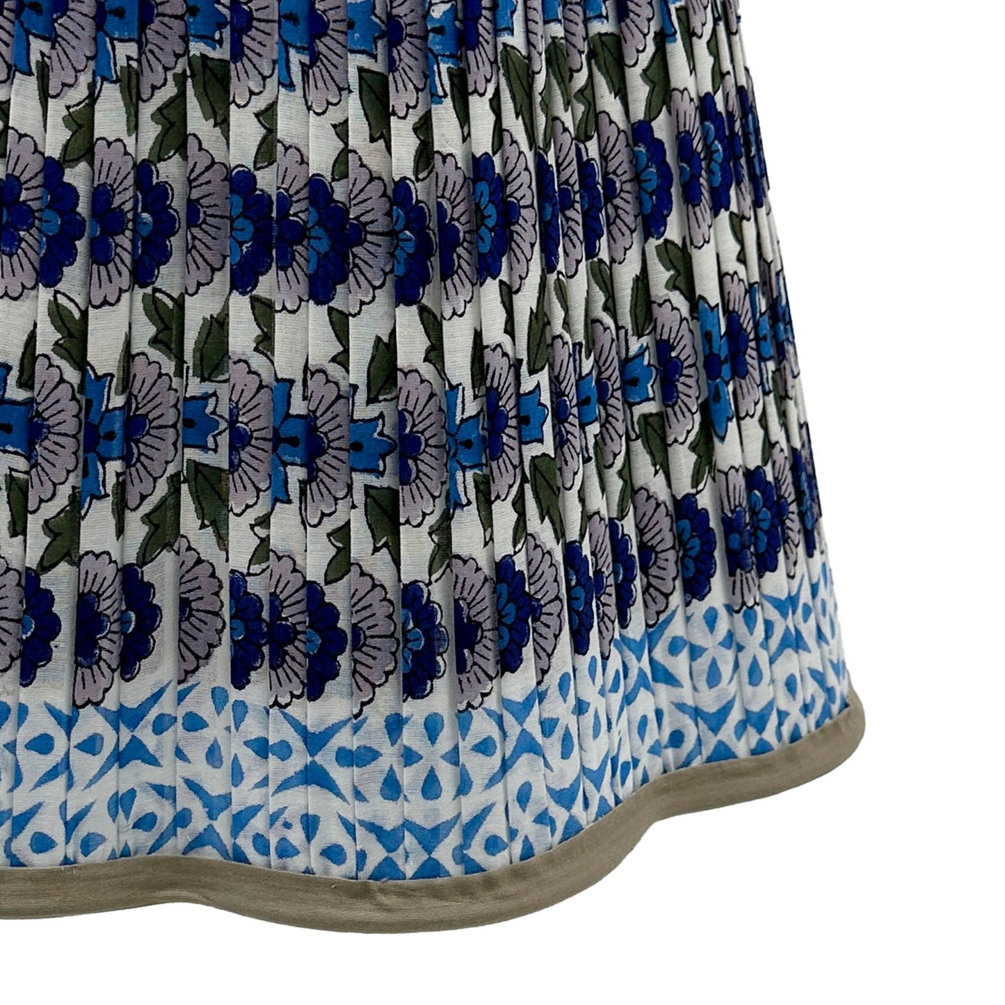 Poppy Pleated Cotton Block Printed Scallop Lampshade in Blue